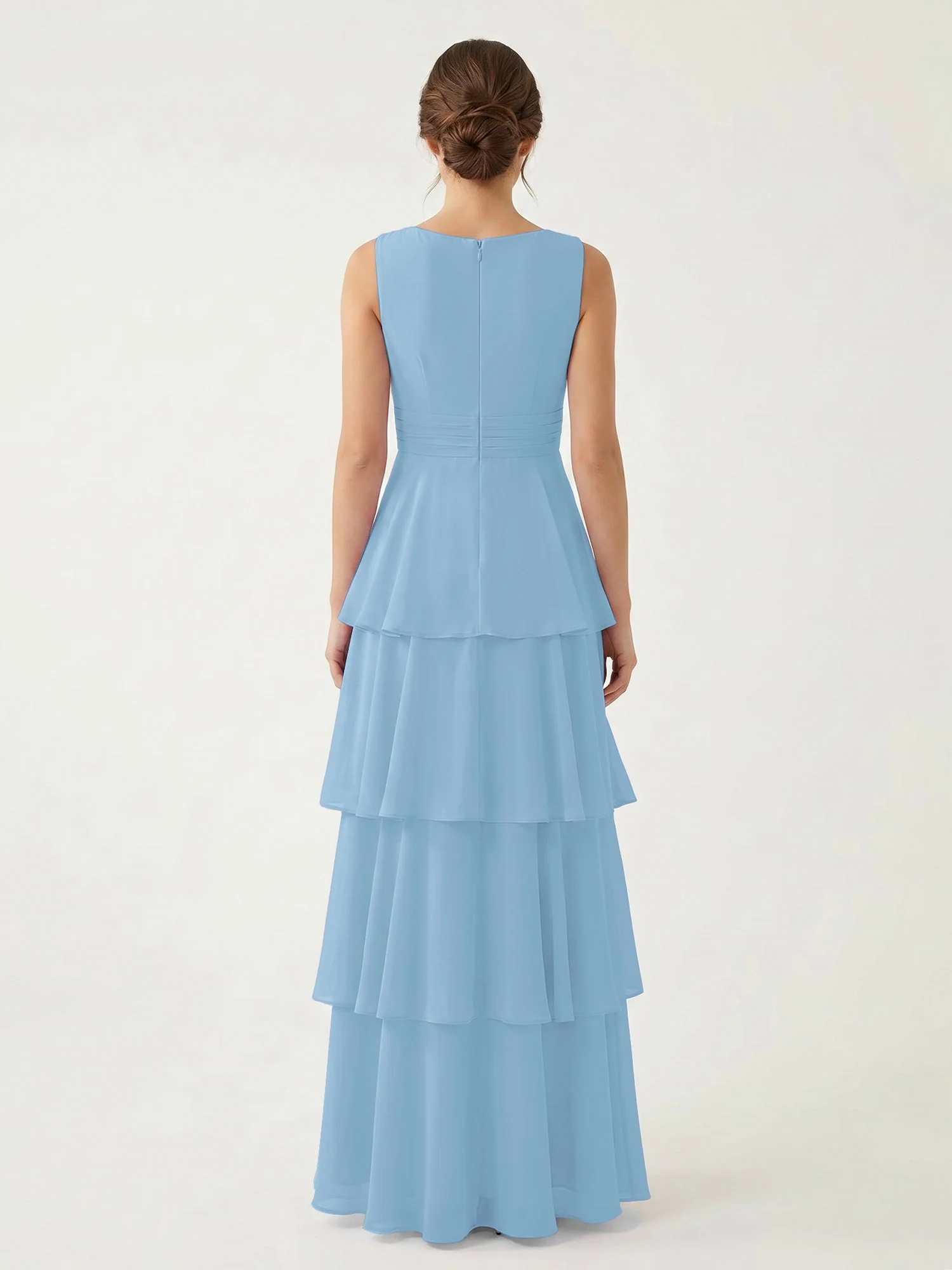 Gestuftes Chiffon Maxikleid mit Tiefem V-Ausschnitt Blau - Image 2