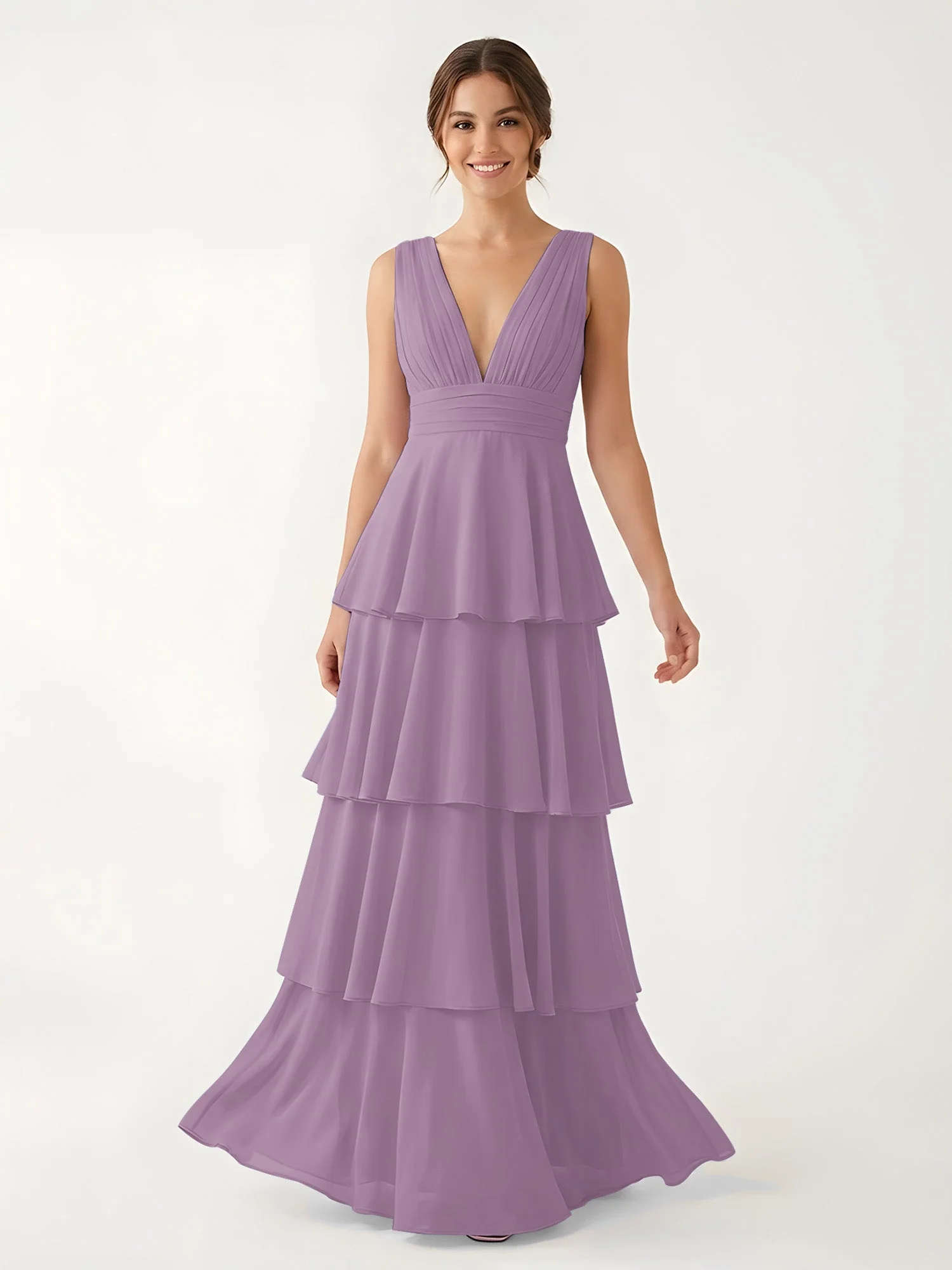 Gestuftes Chiffon Maxikleid mit Tiefem V-Ausschnitt Blauregen