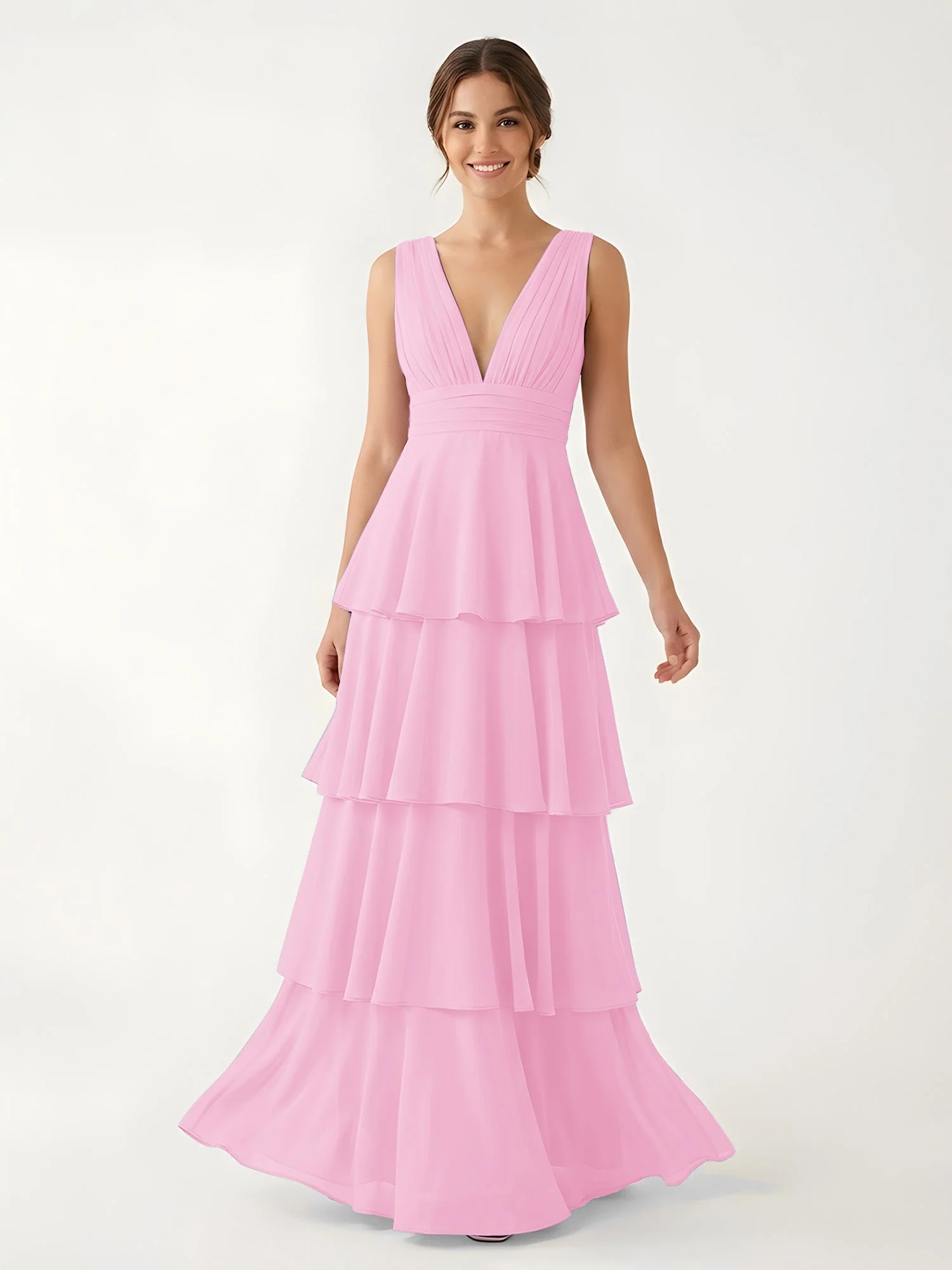 Gestuftes Chiffon Maxikleid mit Tiefem V-Ausschnitt Bonbonrosa