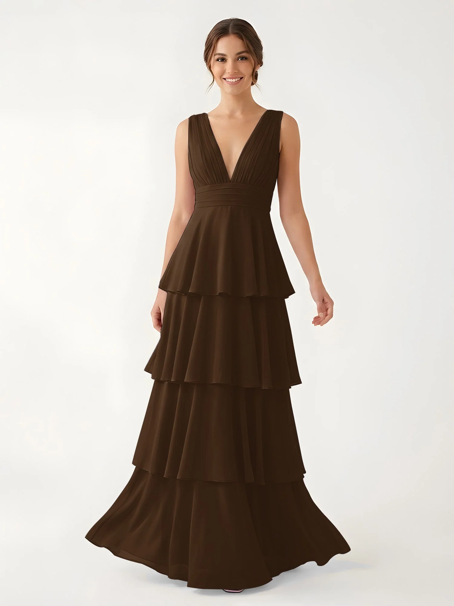 Gestuftes Chiffon Maxikleid mit Tiefem V-Ausschnitt Braun