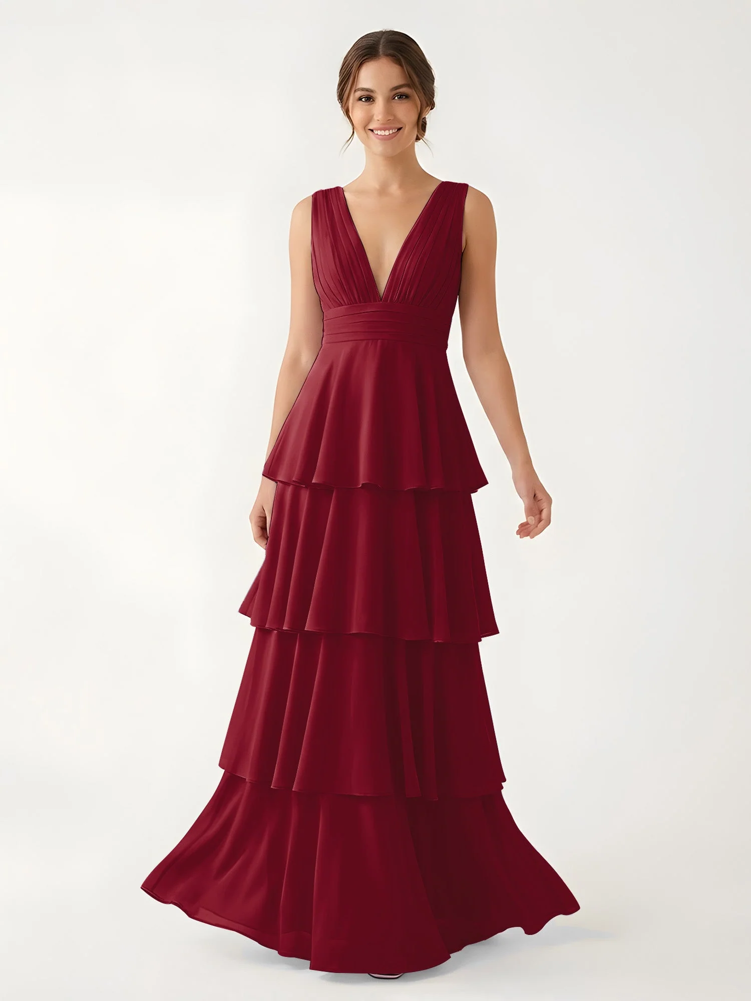 Gestuftes Chiffon Maxikleid mit Tiefem V-Ausschnitt Burgunderrot
