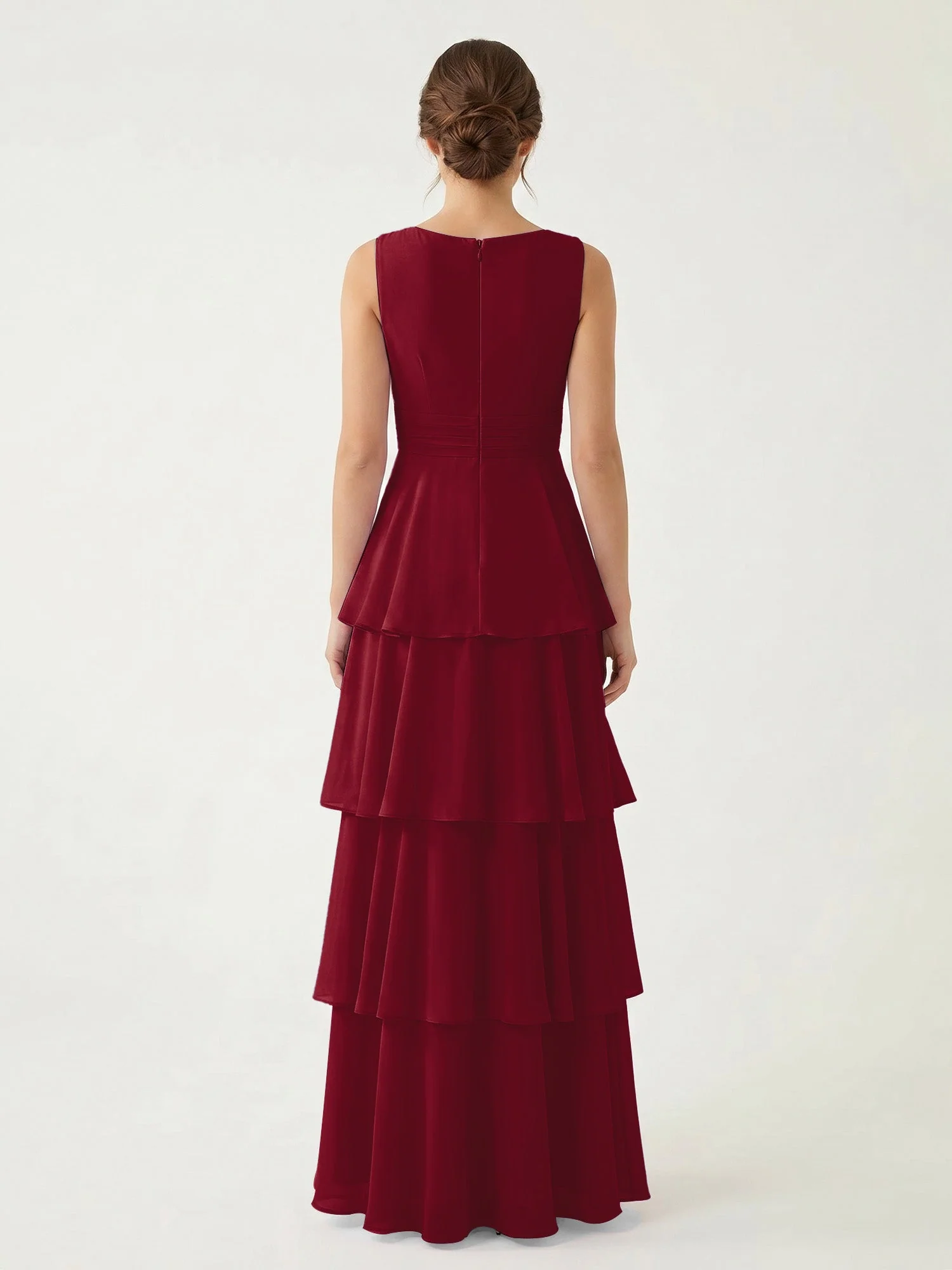 Gestuftes Chiffon Maxikleid mit Tiefem V-Ausschnitt Burgunderrot - Image 2