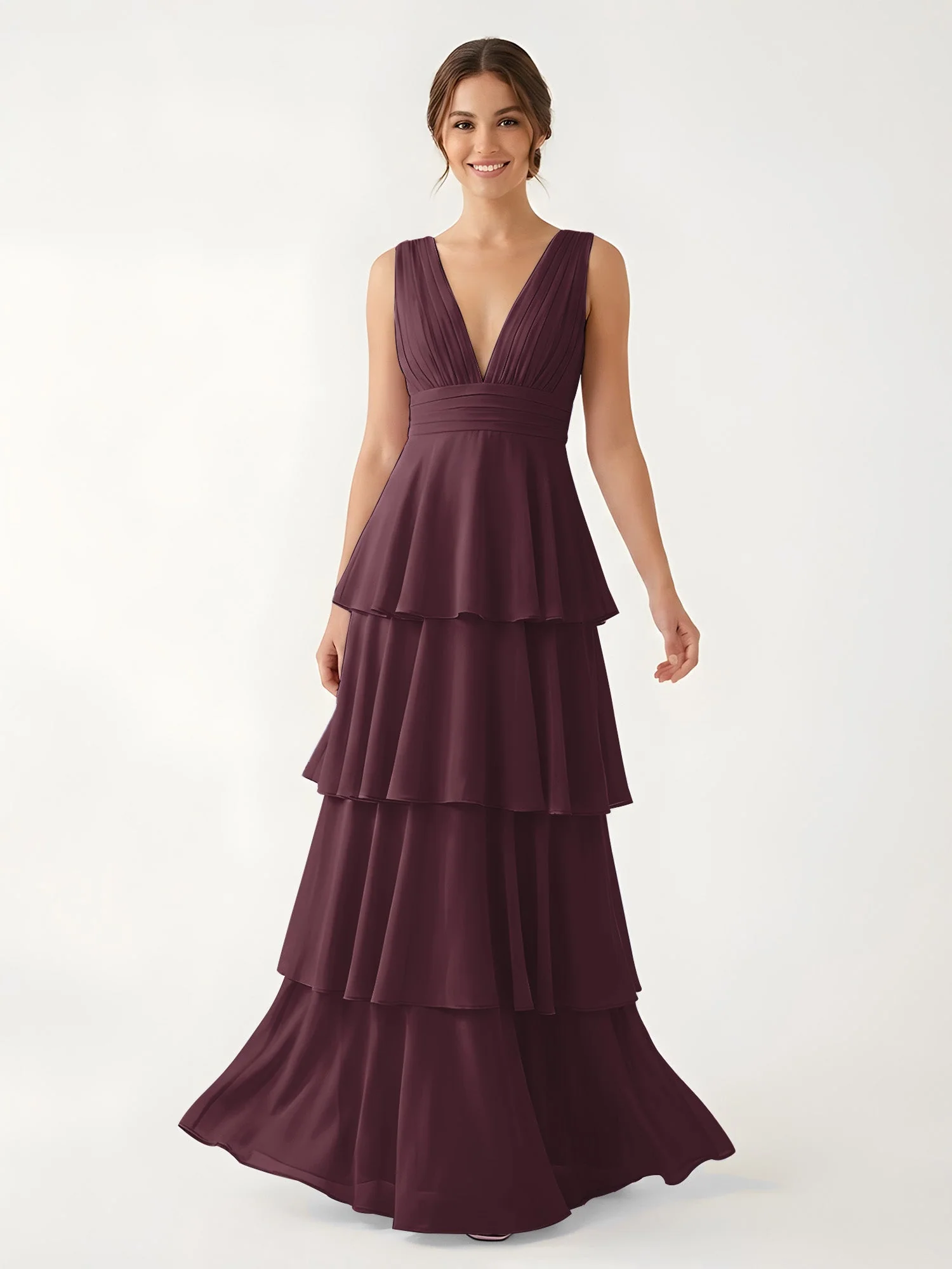 Gestuftes Chiffon Maxikleid mit Tiefem V-Ausschnitt Cabernet