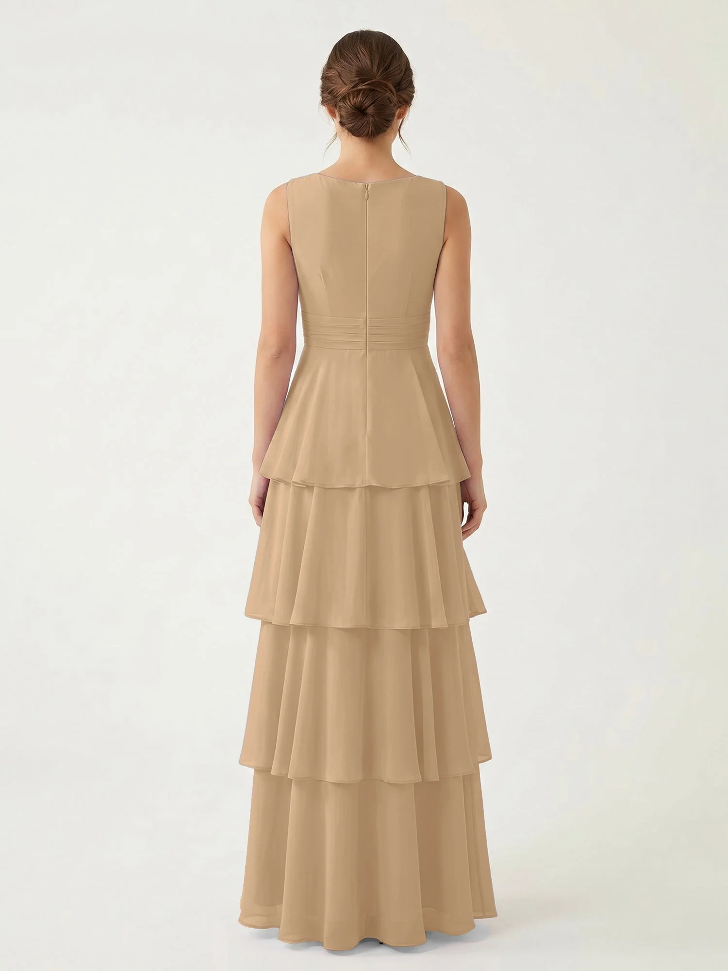Gestuftes Chiffon Maxikleid mit Tiefem V-Ausschnitt Champagner - Image 2
