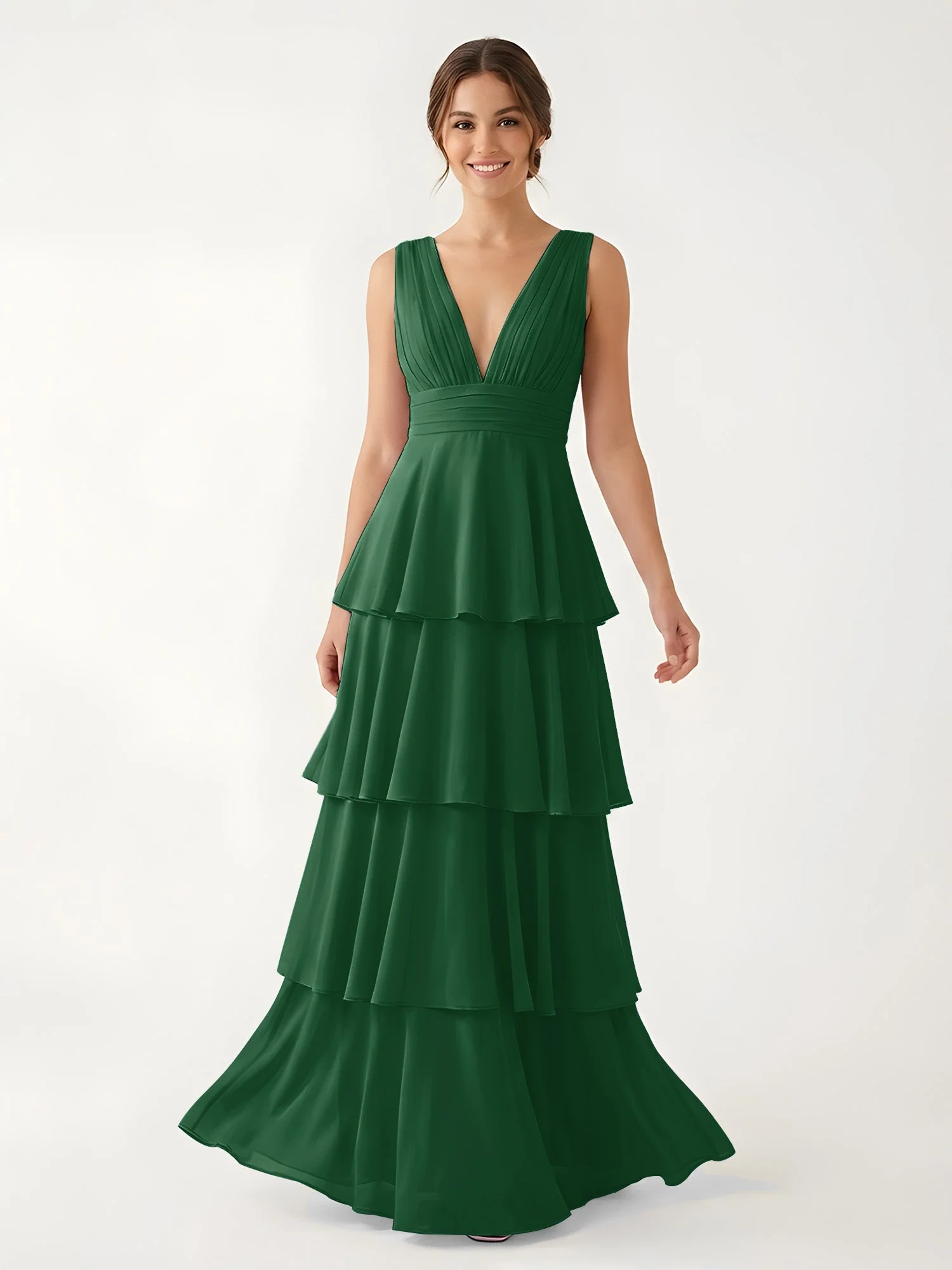 Gestuftes Chiffon Maxikleid mit Tiefem V-Ausschnitt Dunkelgrün