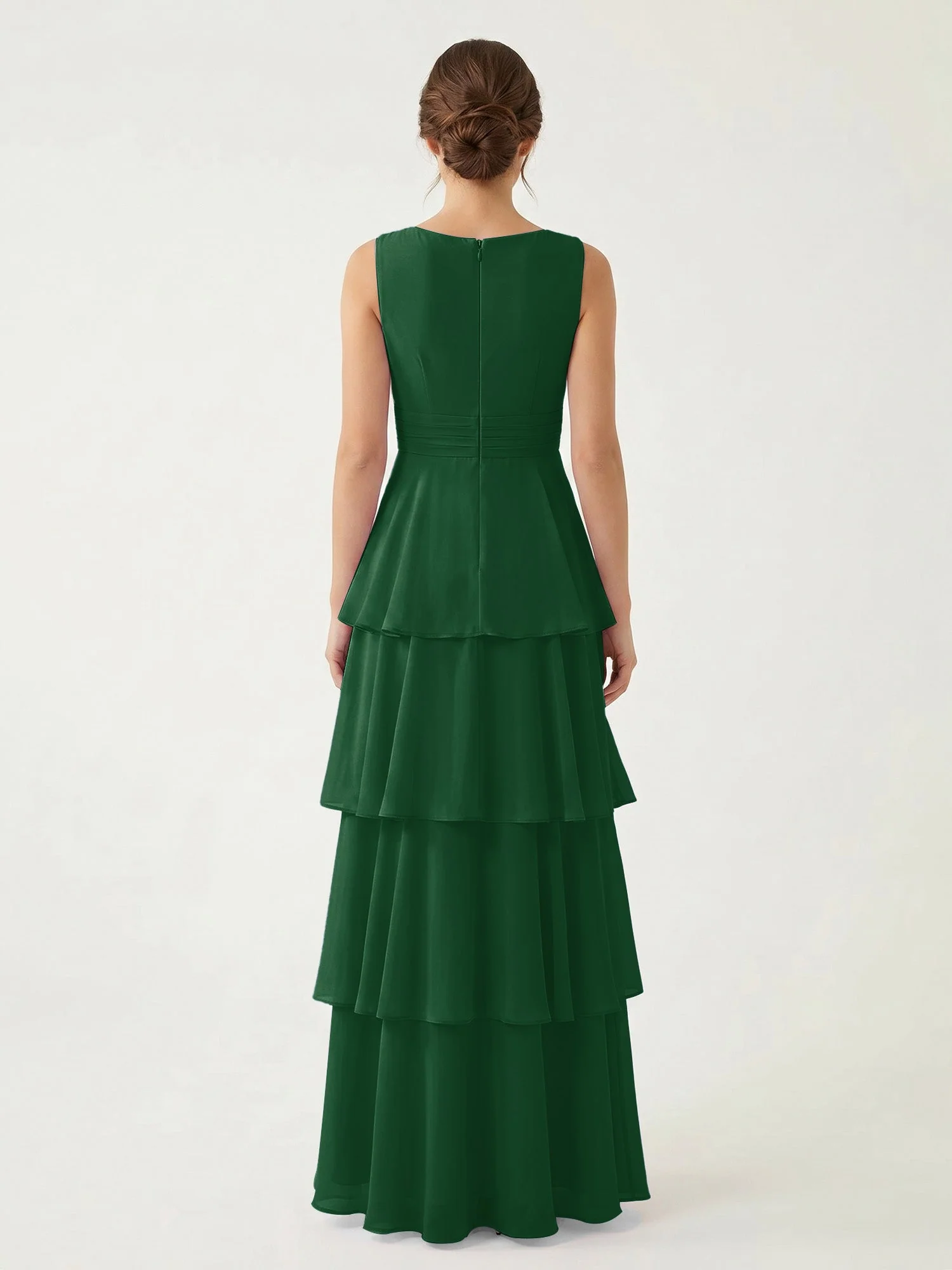 Gestuftes Chiffon Maxikleid mit Tiefem V-Ausschnitt Dunkelgrün - Image 2