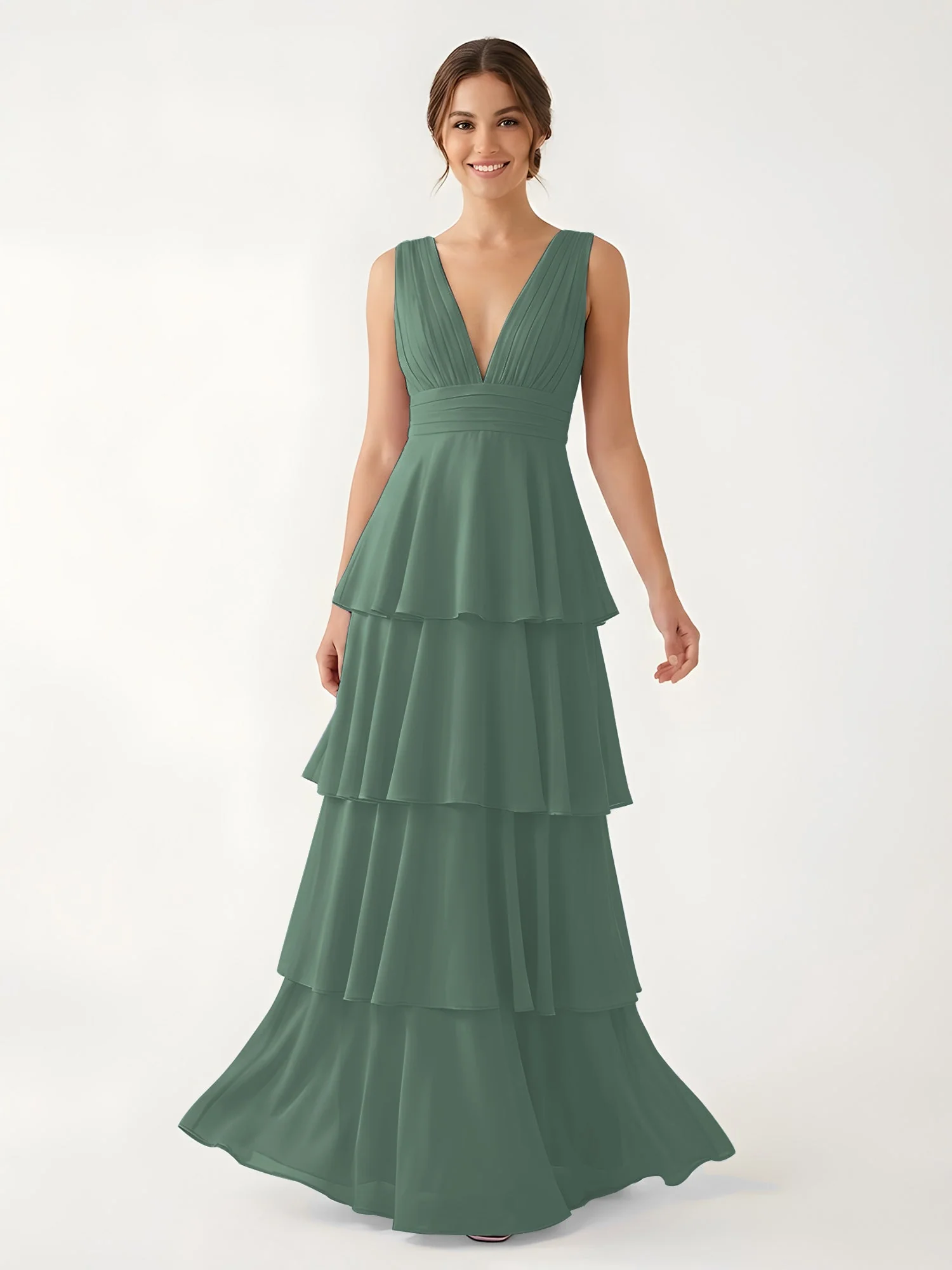 Gestuftes Chiffon Maxikleid mit Tiefem V-Ausschnitt Eukalyptus