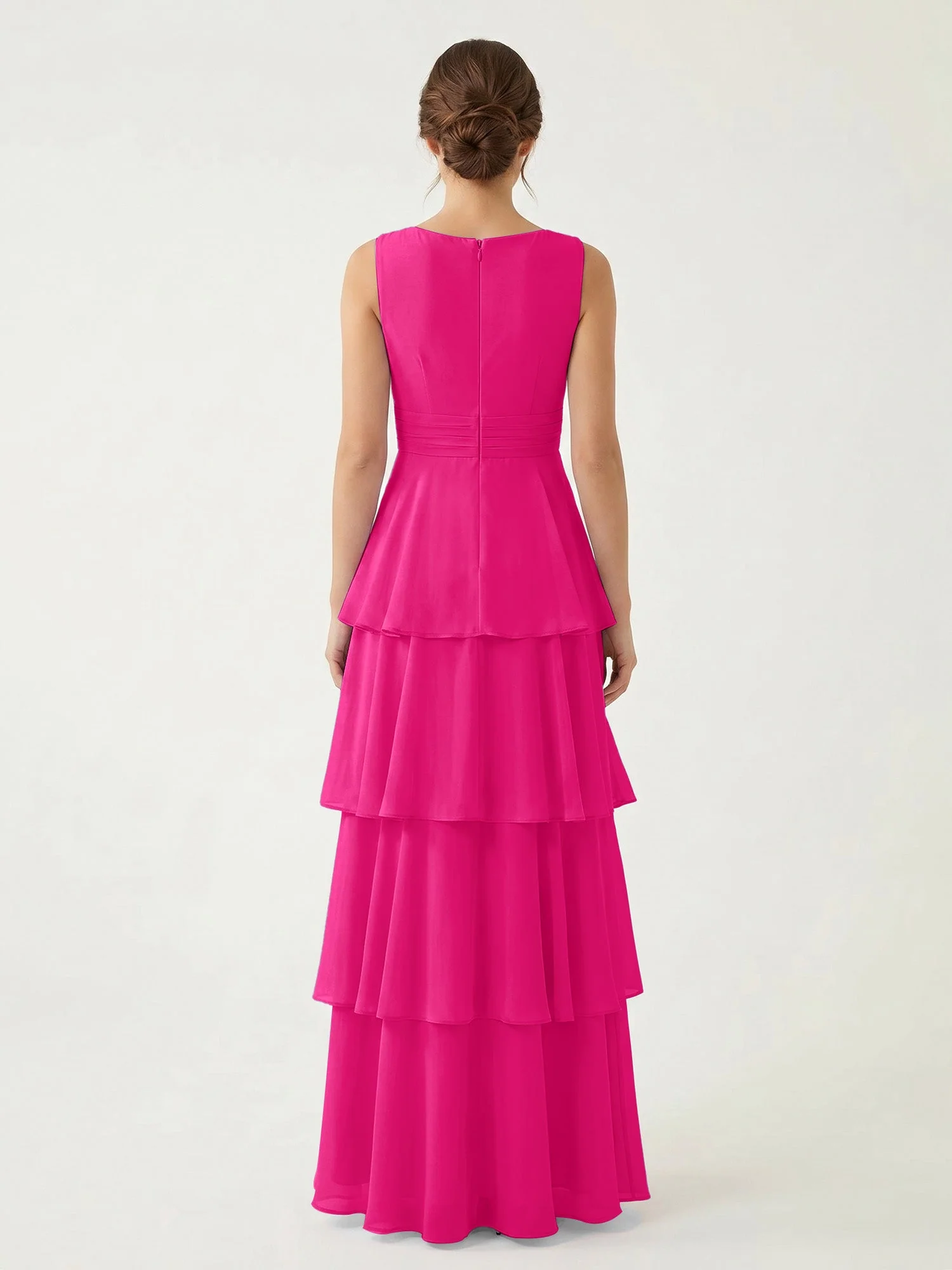 Gestuftes Chiffon Maxikleid mit Tiefem V-Ausschnitt Fuchsia - Image 2
