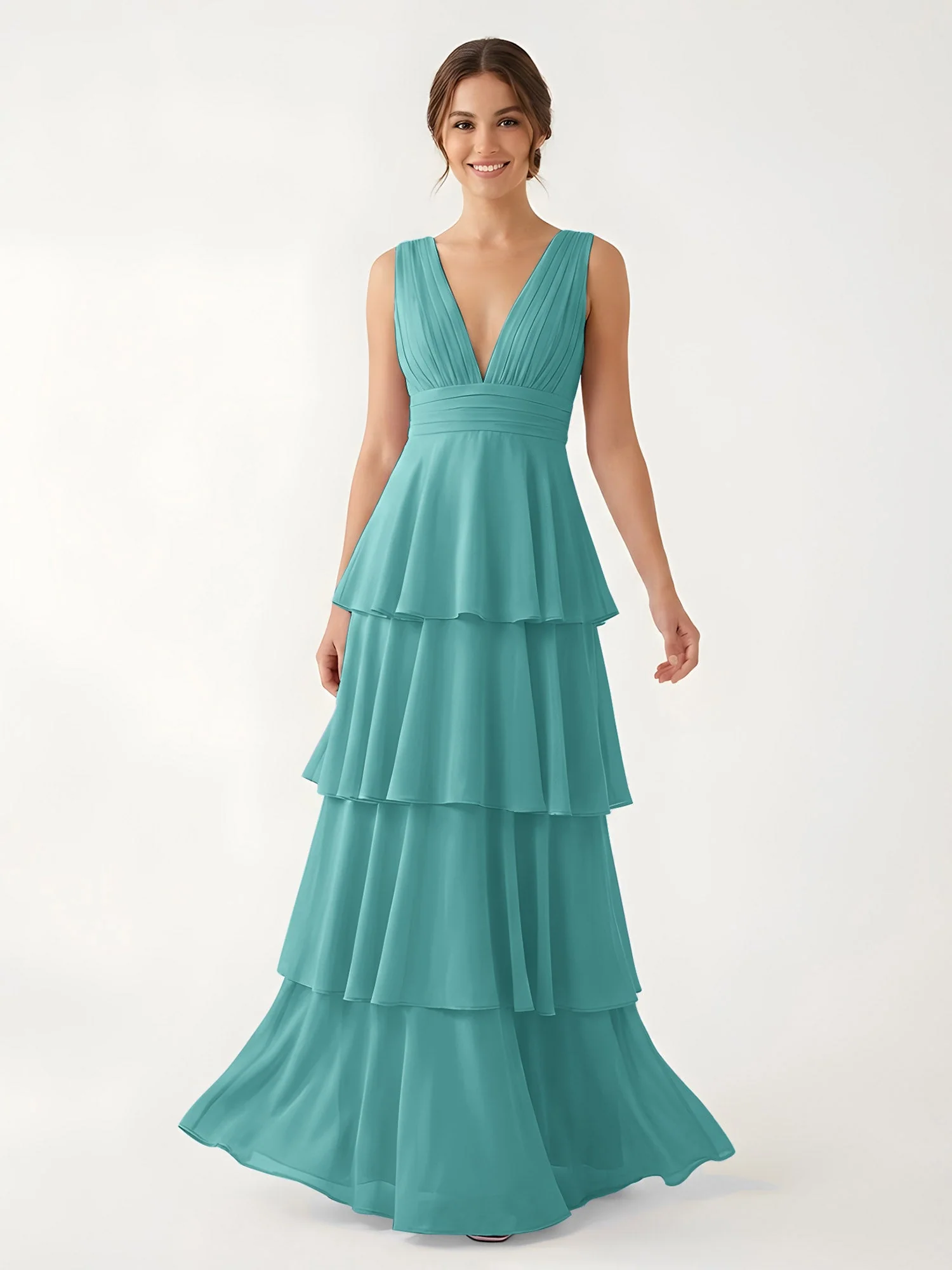 Gestuftes Chiffon Maxikleid mit Tiefem V-Ausschnitt Jade