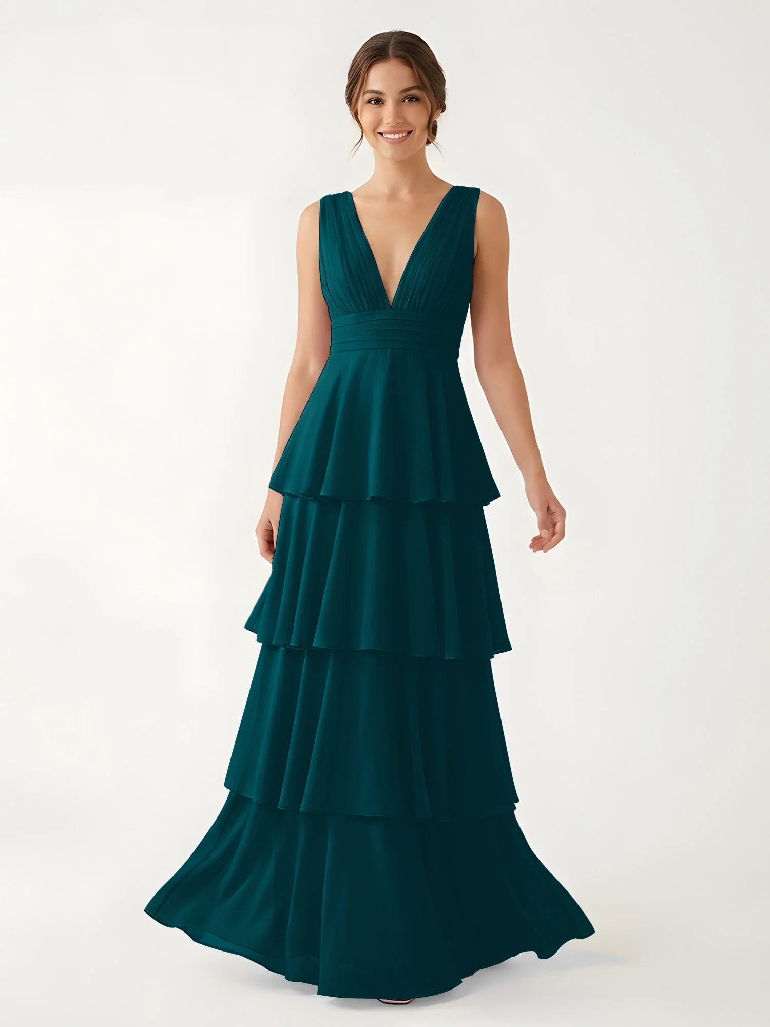 Gestuftes Chiffon Maxikleid mit Tiefem V-Ausschnitt Kieferngrün