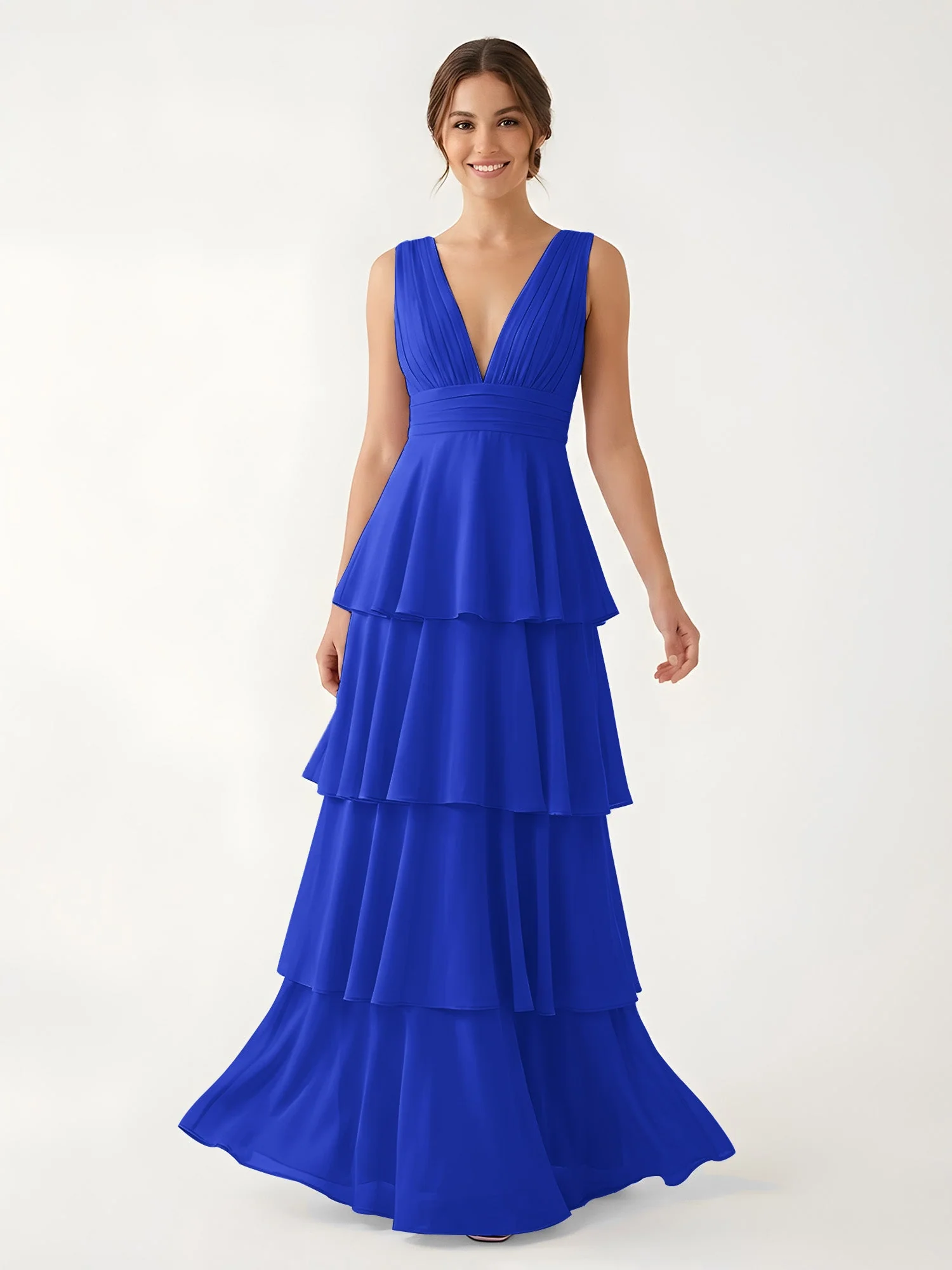 Gestuftes Chiffon Maxikleid mit Tiefem V-Ausschnitt Königsblau