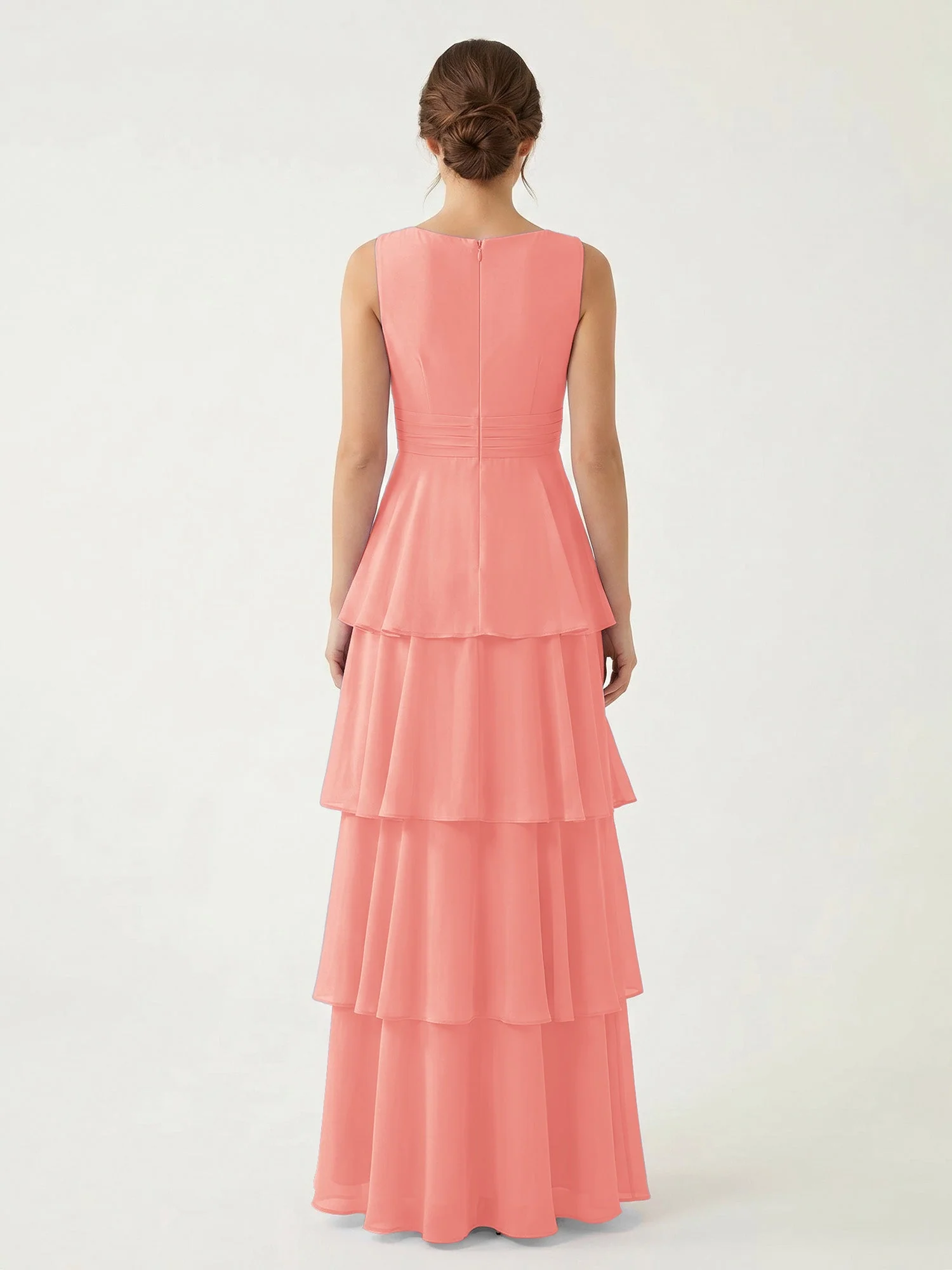 Gestuftes Chiffon Maxikleid mit Tiefem V-Ausschnitt Koralle - Image 2