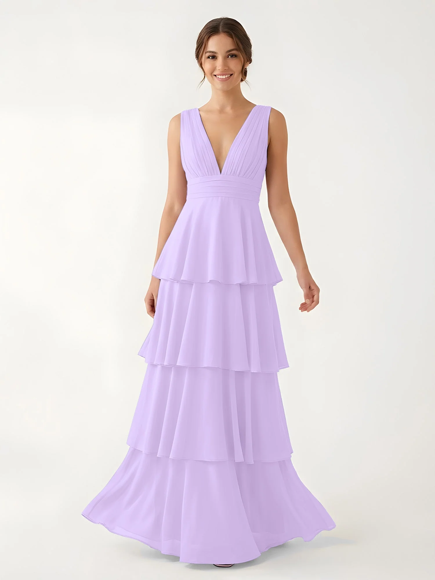 Gestuftes Chiffon Maxikleid mit Tiefem V-Ausschnitt Lila