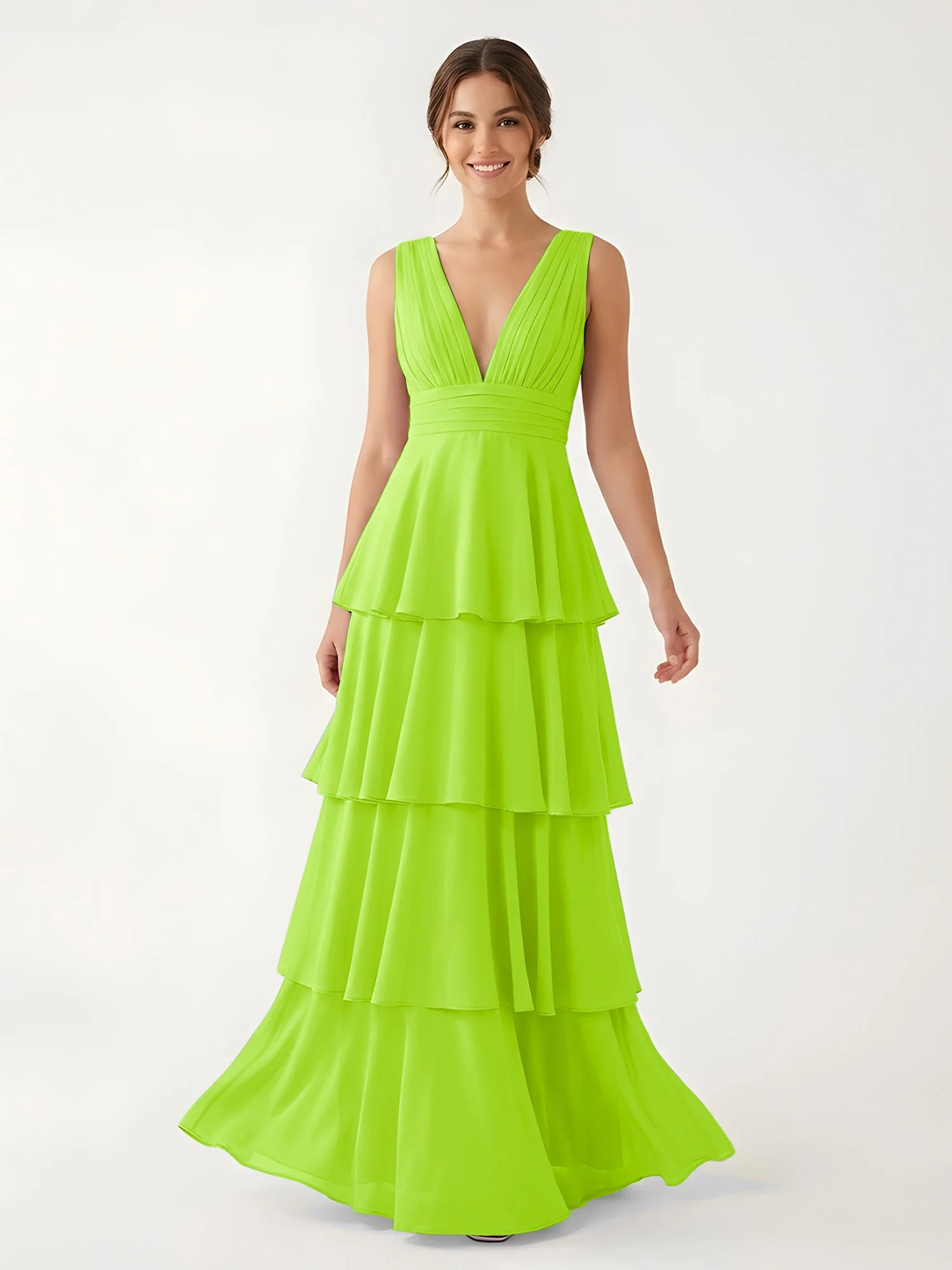 Gestuftes Chiffon Maxikleid mit Tiefem V-Ausschnitt Lindgrün