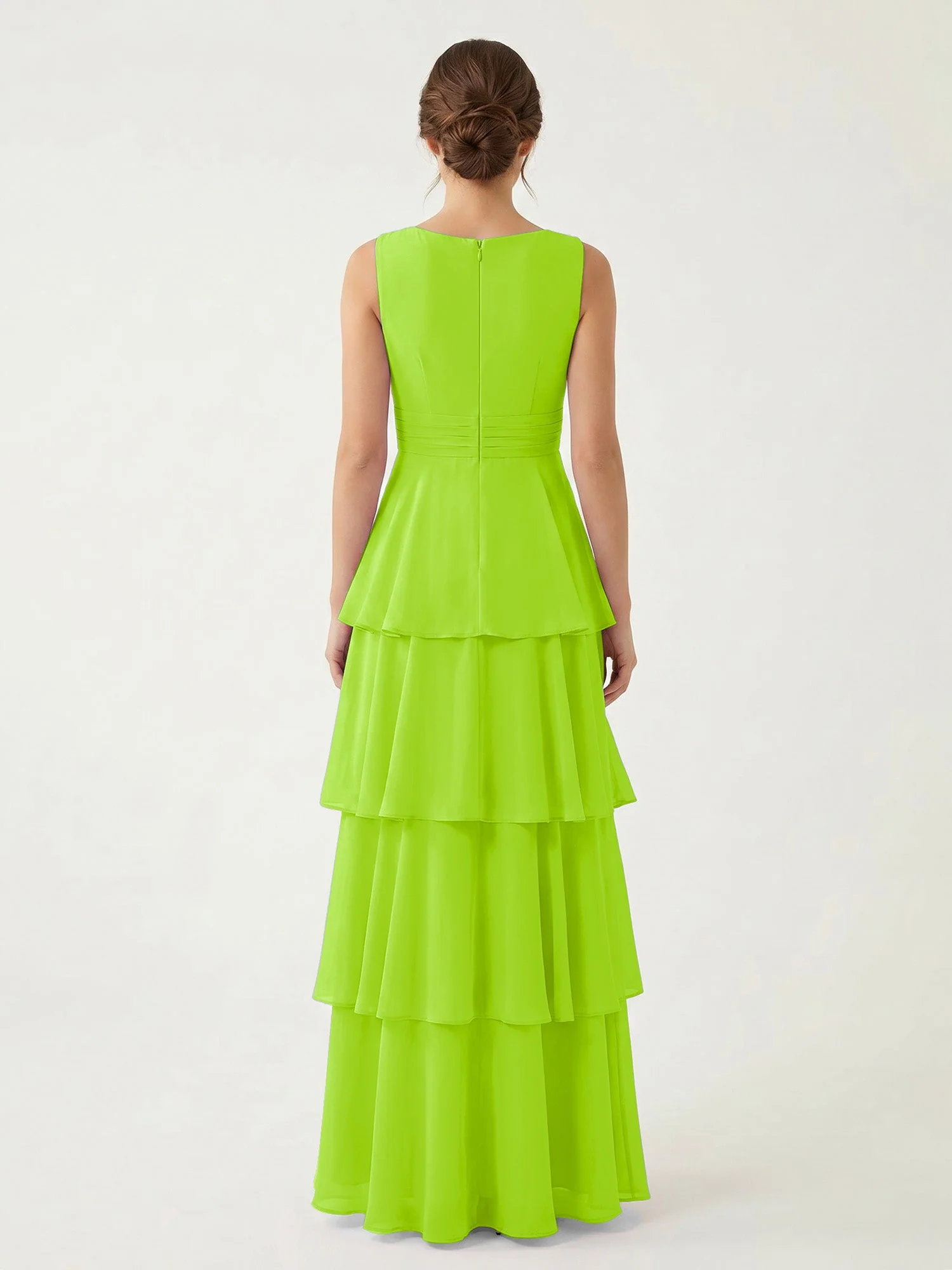 Gestuftes Chiffon Maxikleid mit Tiefem V-Ausschnitt Lindgrün - Image 2