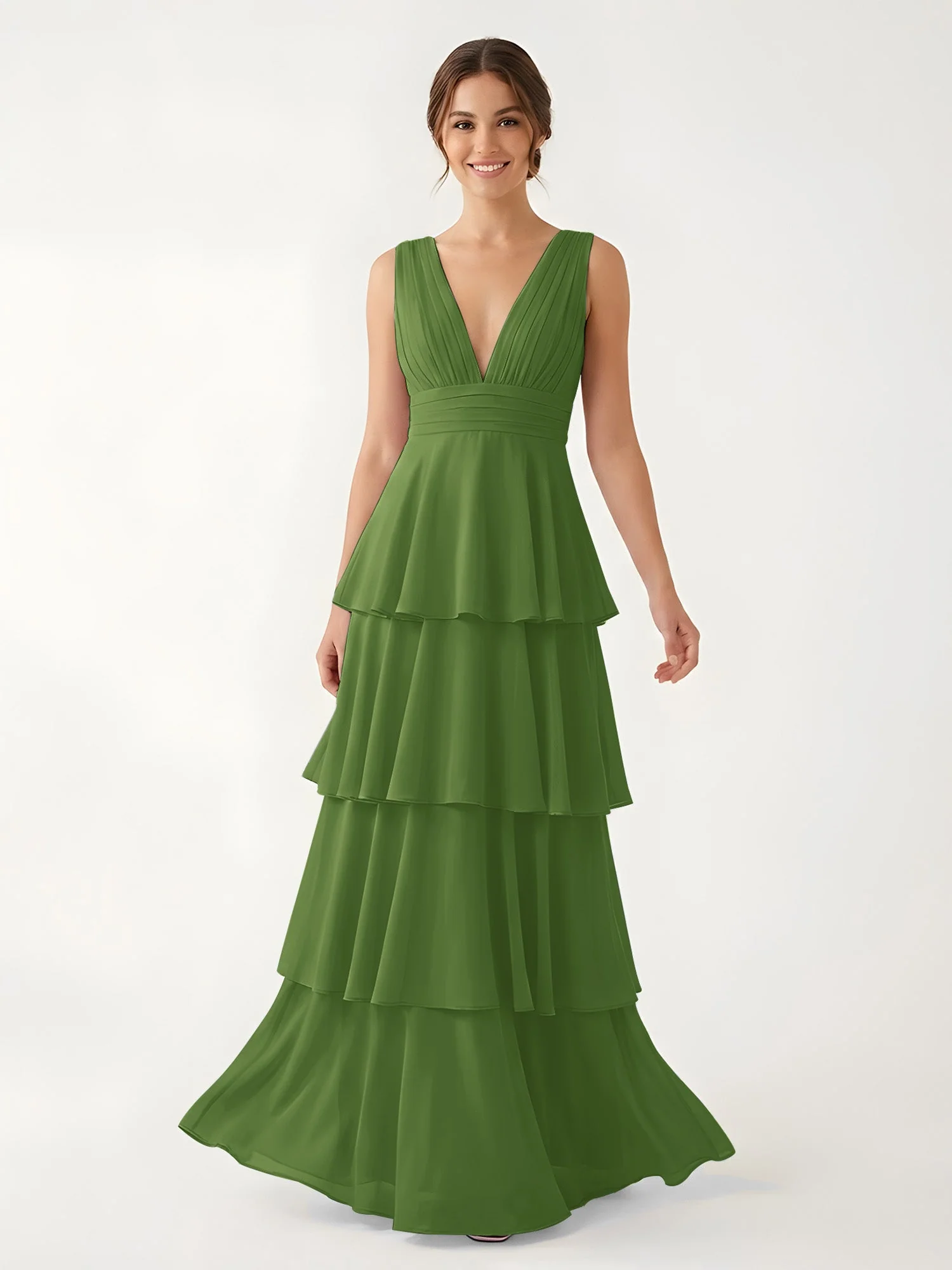 Gestuftes Chiffon Maxikleid mit Tiefem V-Ausschnitt Moos