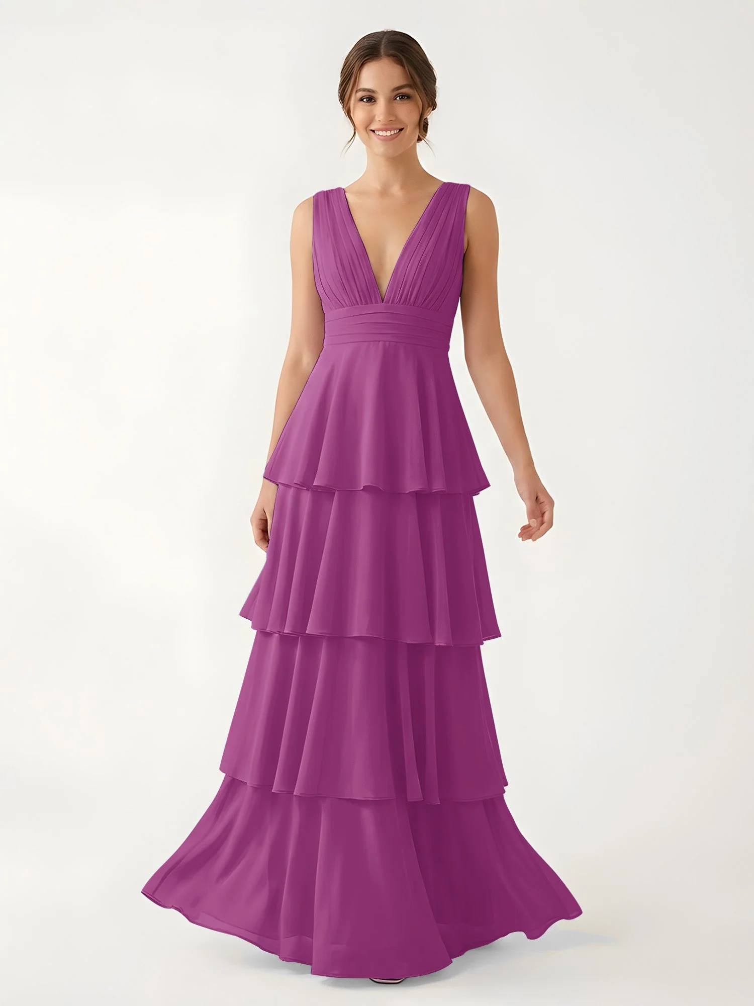 Gestuftes Chiffon Maxikleid mit Tiefem V-Ausschnitt Orchidee