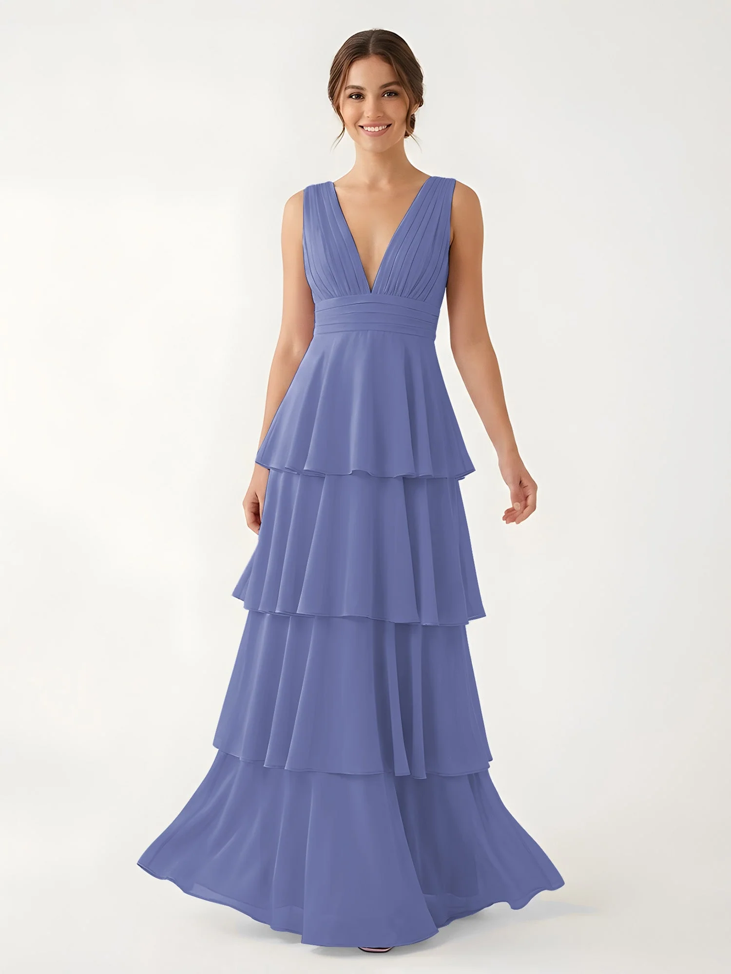 Gestuftes Chiffon Maxikleid mit Tiefem V-Ausschnitt Periwinkleblau