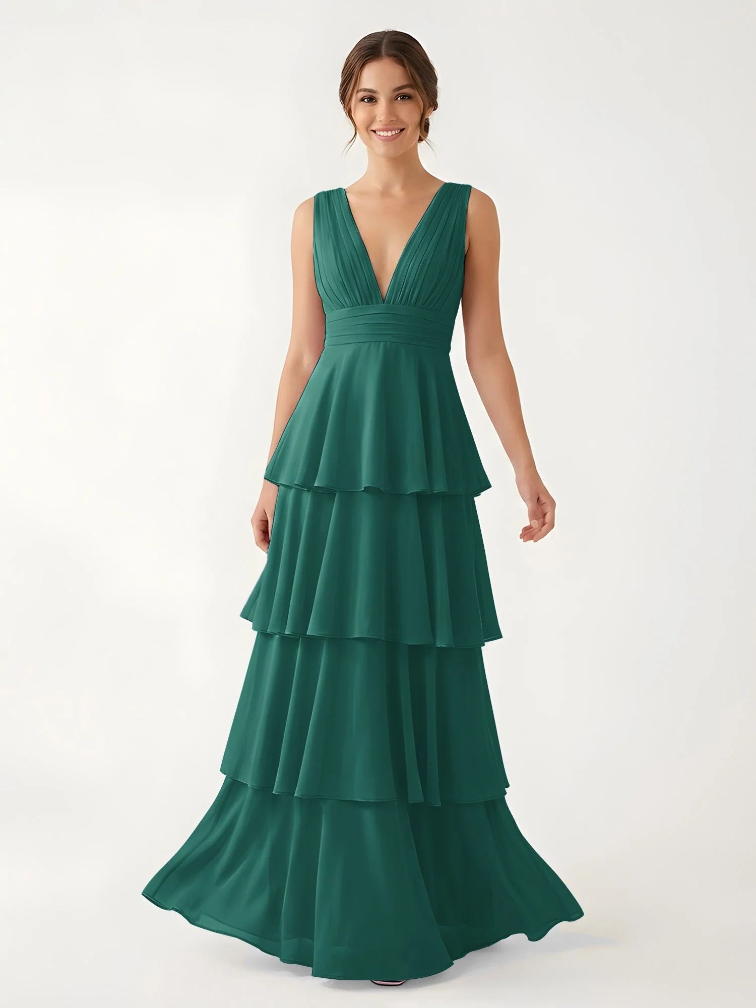 Gestuftes Chiffon Maxikleid mit Tiefem V-Ausschnitt Pfau