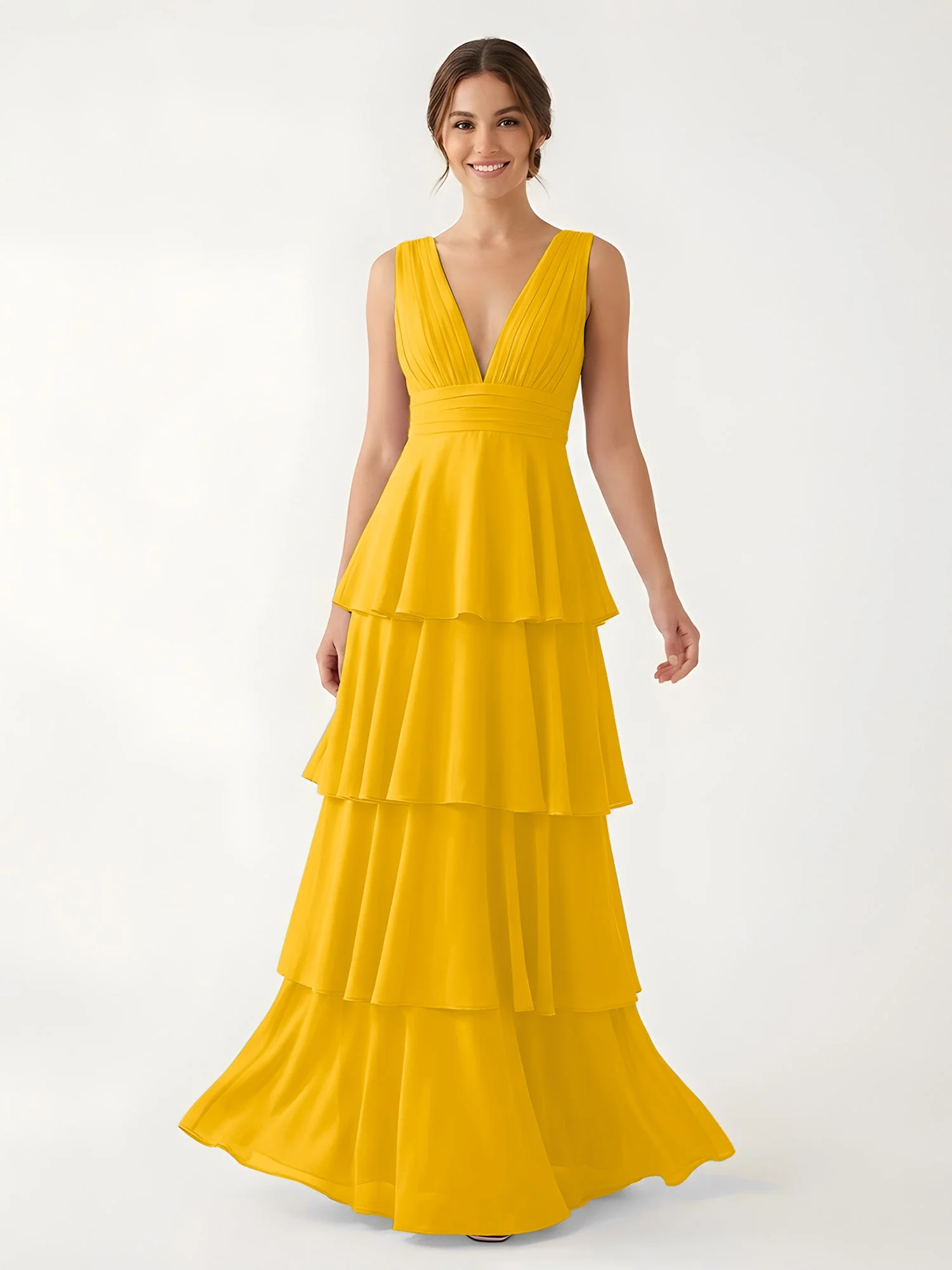Gestuftes Chiffon Maxikleid mit Tiefem V-Ausschnitt Ringelblume
