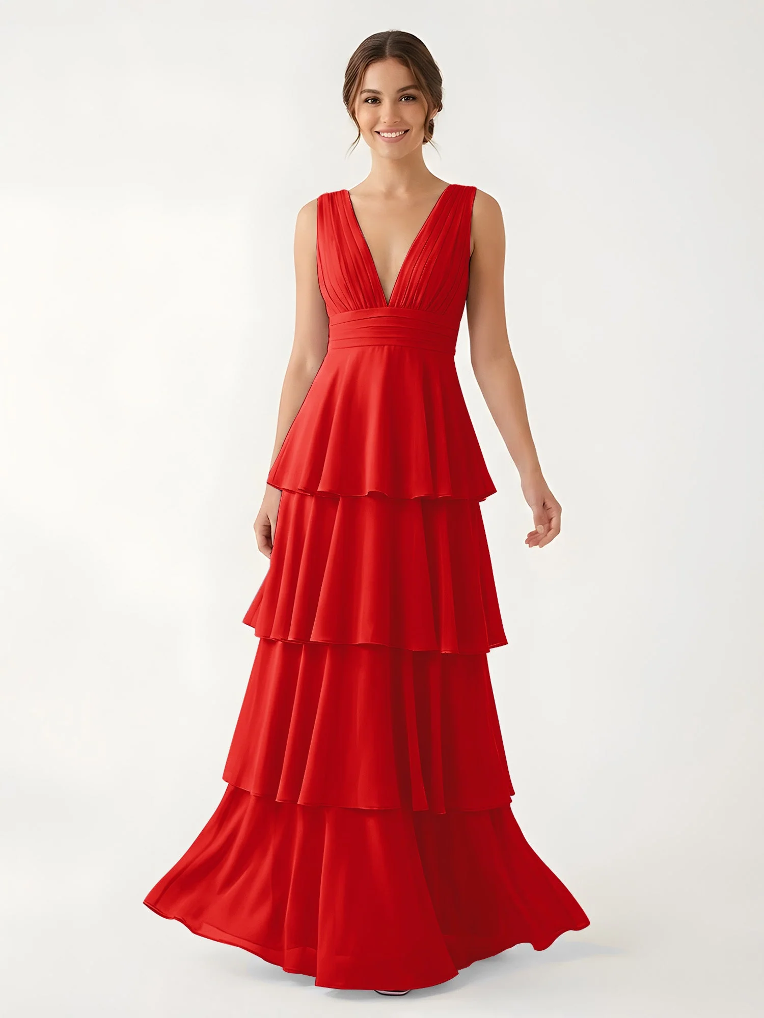 Gestuftes Chiffon Maxikleid mit Tiefem V-Ausschnitt Rot