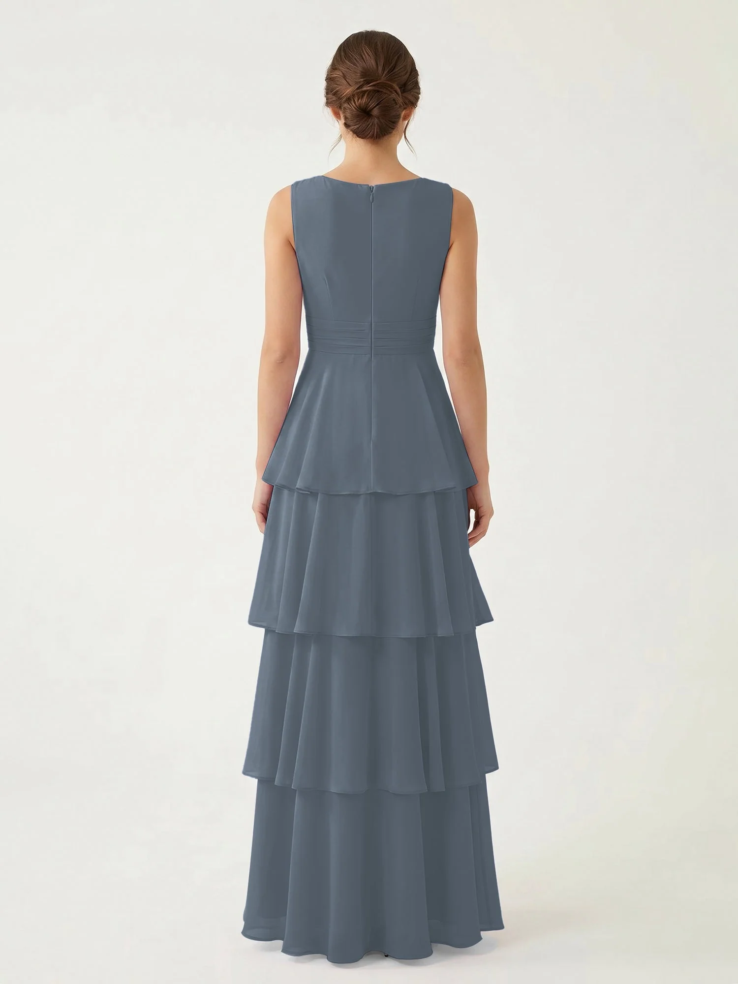 Gestuftes Chiffon Maxikleid mit Tiefem V-Ausschnitt Schiefer Blau - Image 2