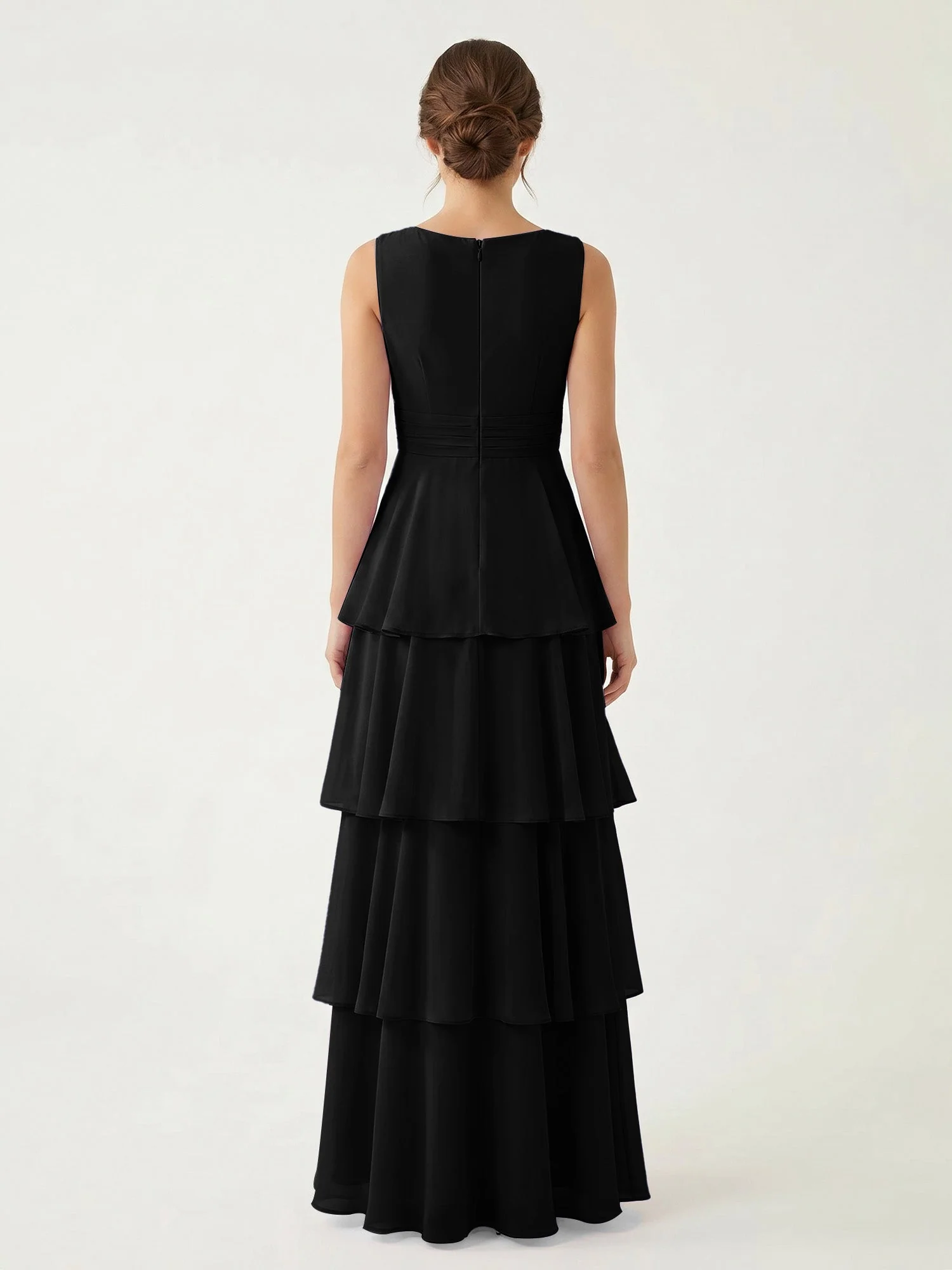 Gestuftes Chiffon Maxikleid mit Tiefem V-Ausschnitt Schwarz - Image 2