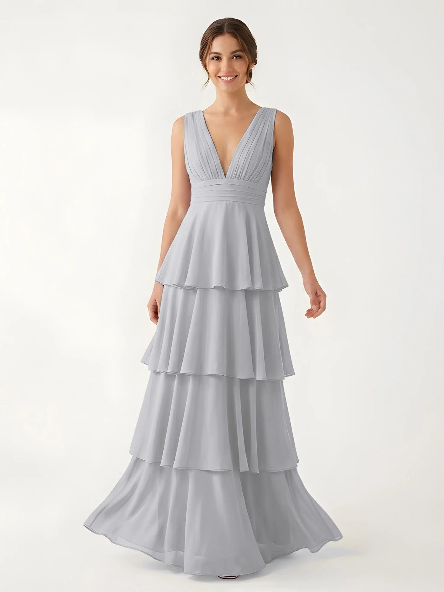 Gestuftes Chiffon Maxikleid mit Tiefem V-Ausschnitt Silber