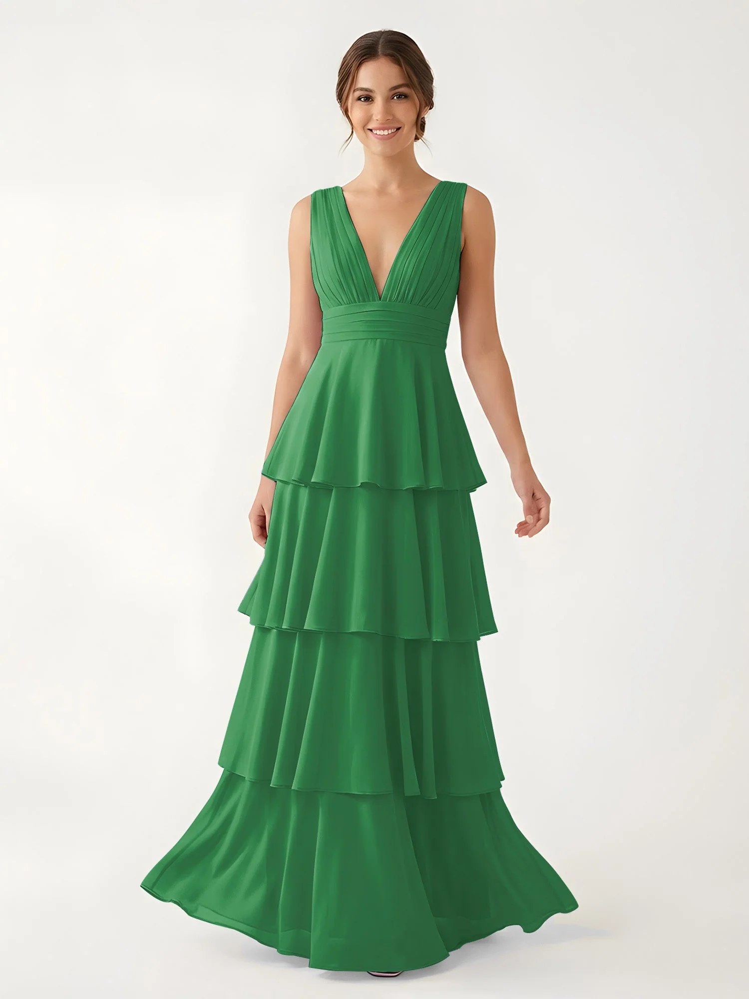 Gestuftes Chiffon Maxikleid mit Tiefem V-Ausschnitt Smaragd