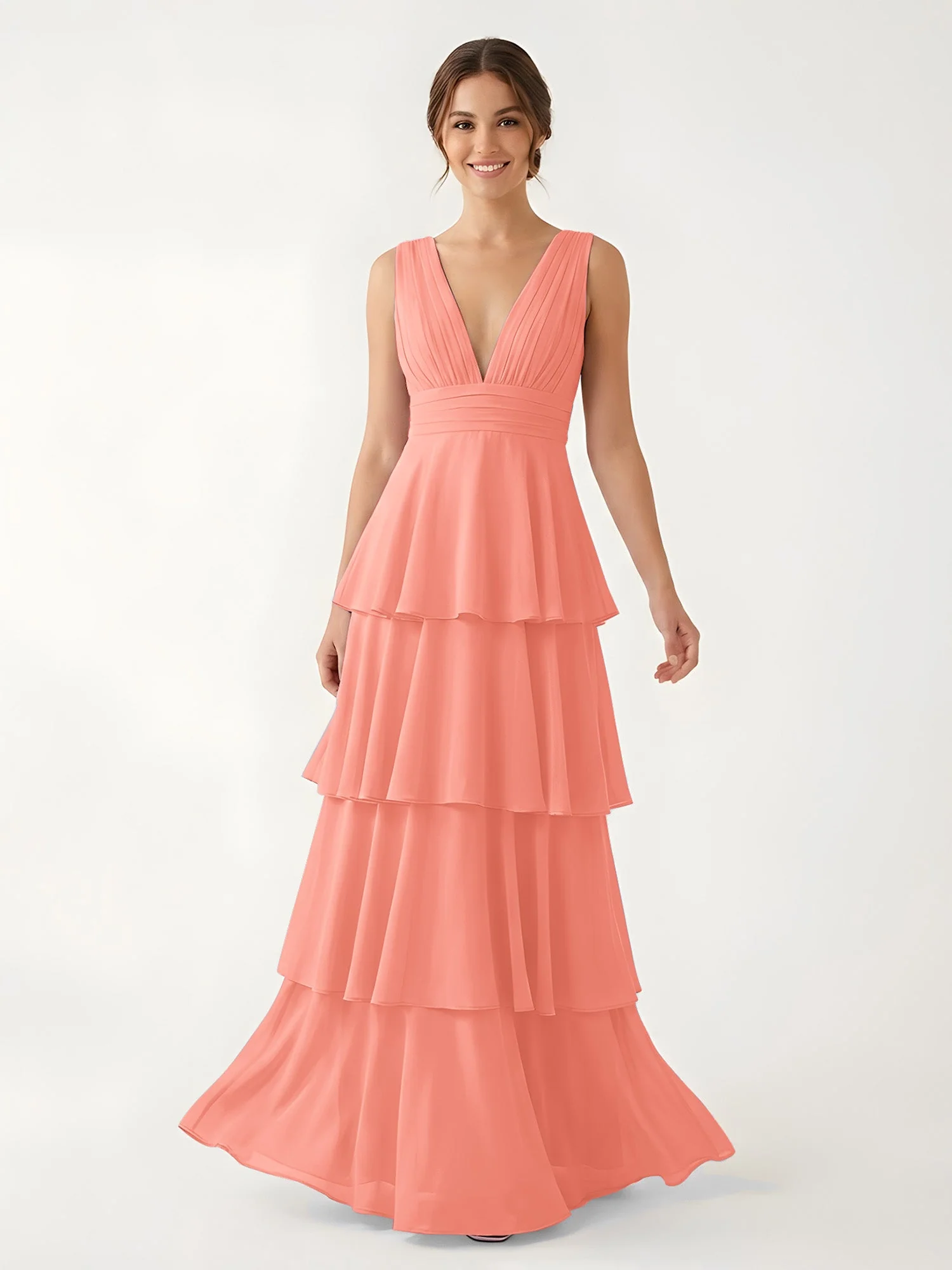 Gestuftes Chiffon Maxikleid mit Tiefem V-Ausschnitt Sonnenuntergang