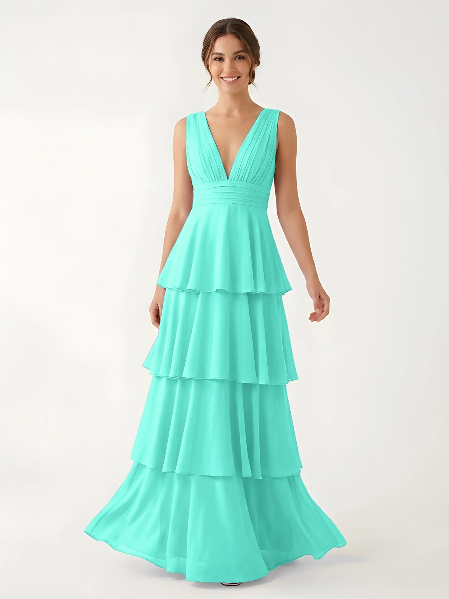 Gestuftes Chiffon Maxikleid mit Tiefem V-Ausschnitt Spa