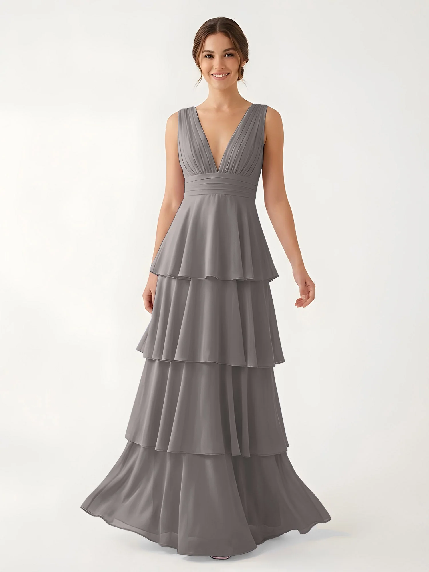Gestuftes Chiffon Maxikleid mit Tiefem V-Ausschnitt Stahlgrau