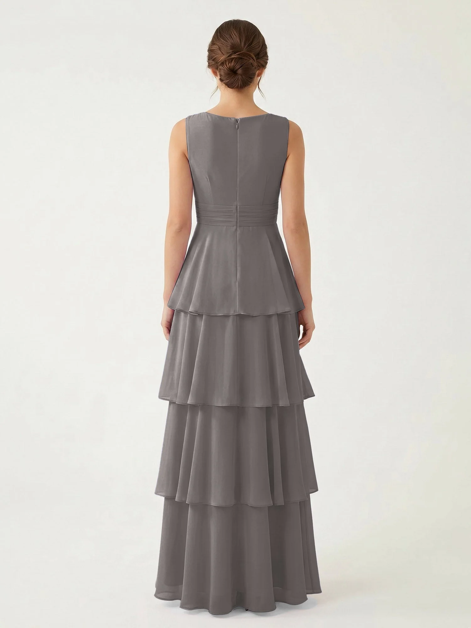 Gestuftes Chiffon Maxikleid mit Tiefem V-Ausschnitt Stahlgrau - Image 2