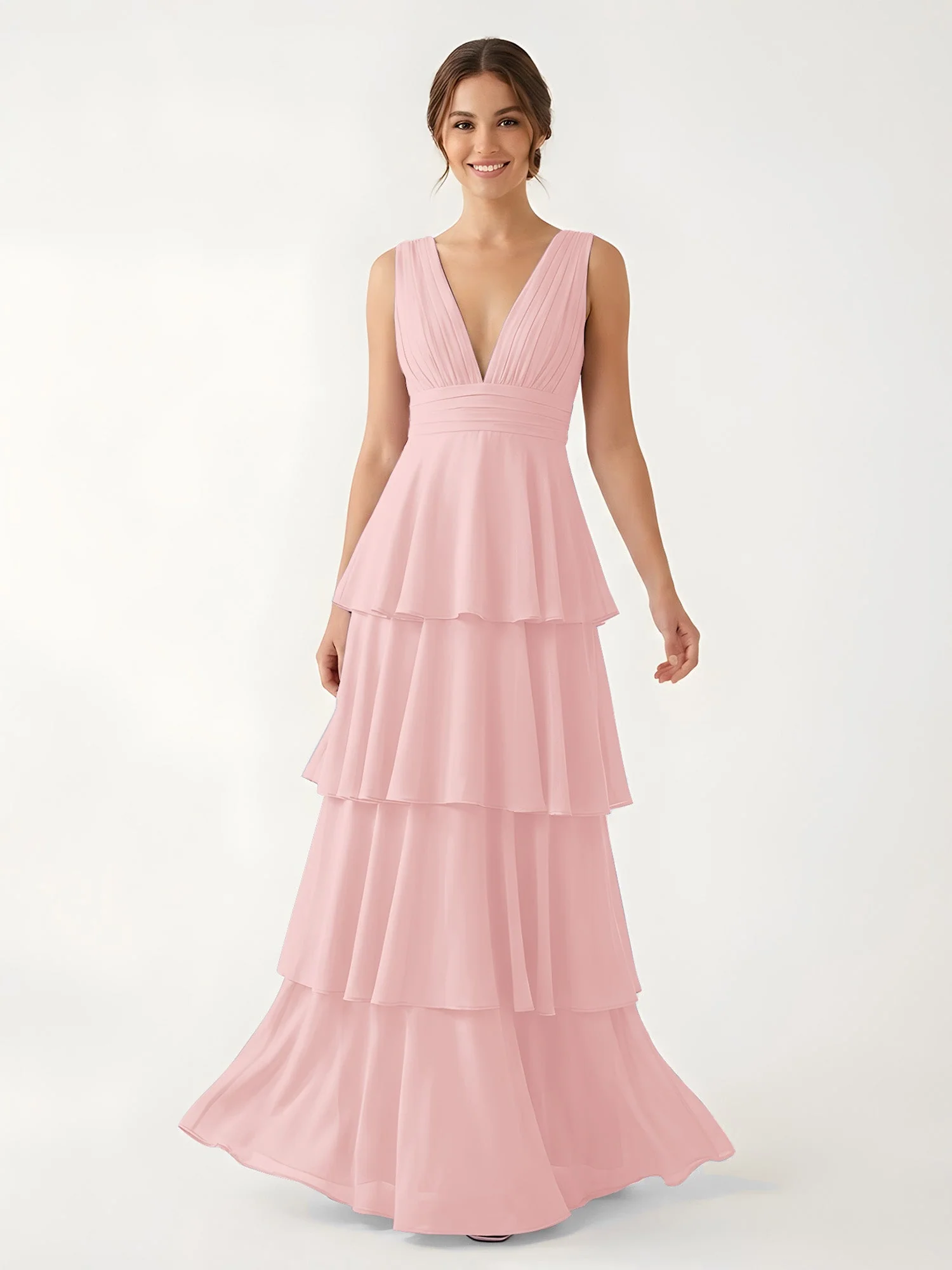 Gestuftes Chiffon Maxikleid mit Tiefem V-Ausschnitt Staubige Rosa
