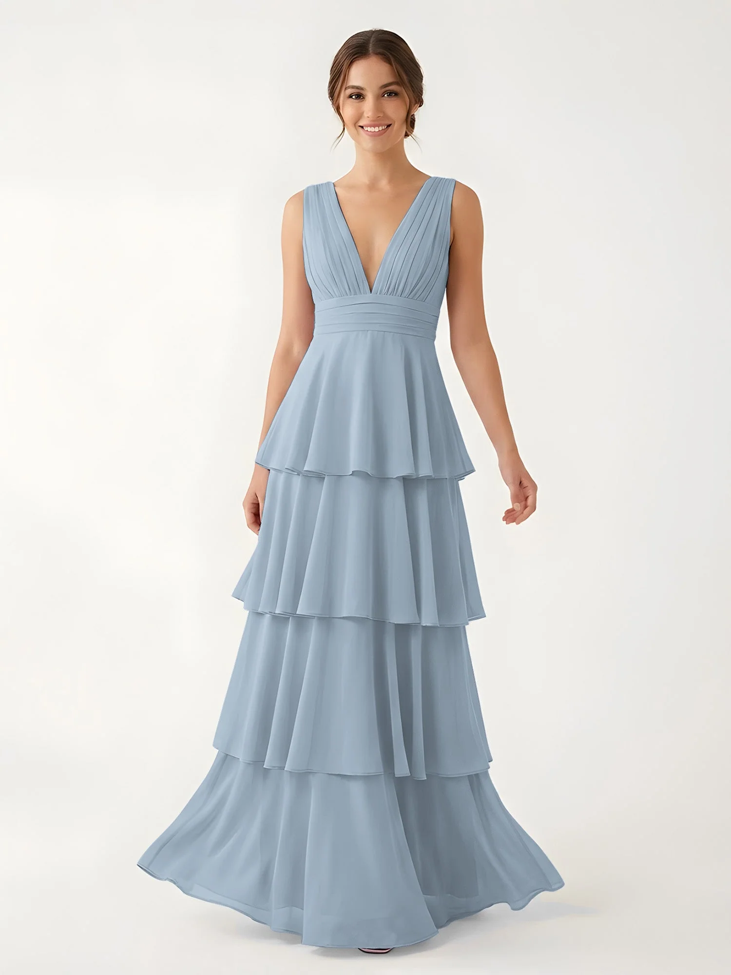 Gestuftes Chiffon Maxikleid mit Tiefem V-Ausschnitt Staubiges Blau