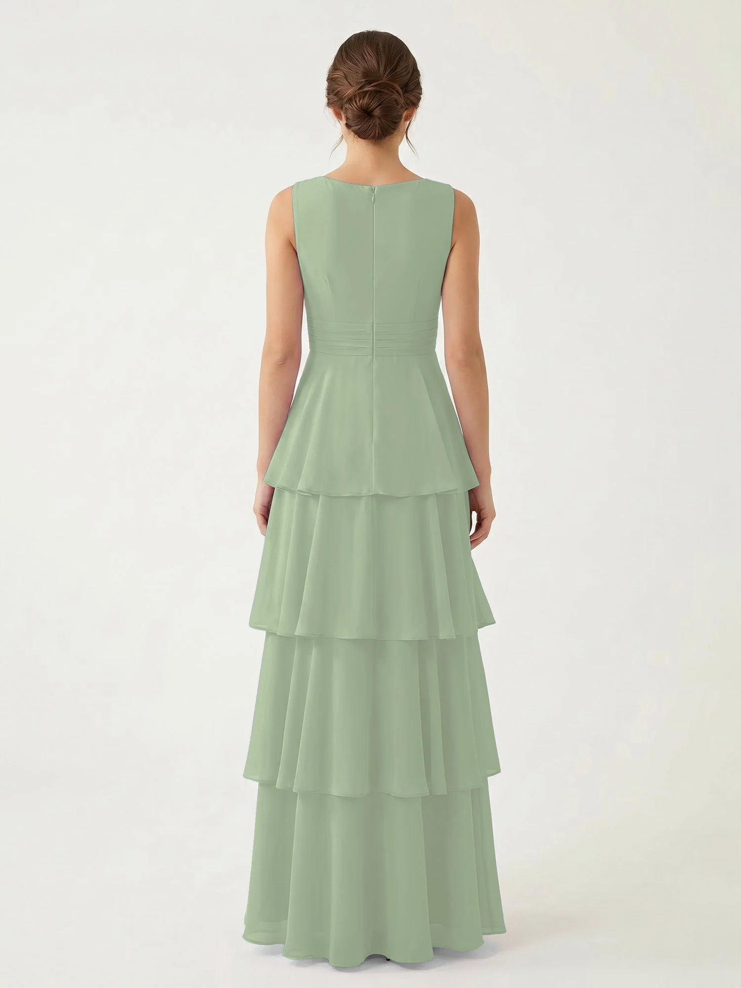 Gestuftes Chiffon Maxikleid mit Tiefem V-Ausschnitt Staubiges Salbei - Image 2