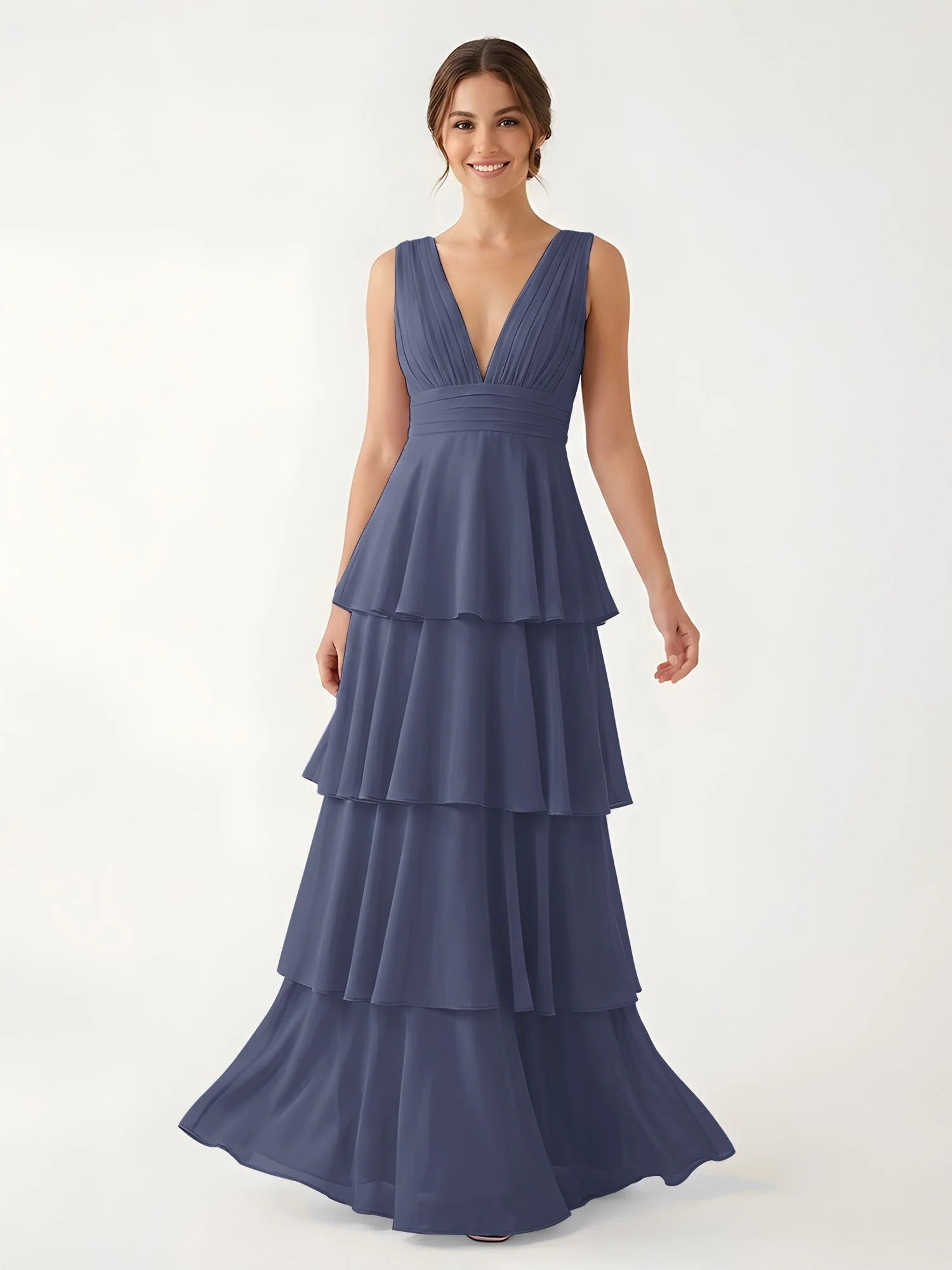 Gestuftes Chiffon Maxikleid mit Tiefem V-Ausschnitt Sturm