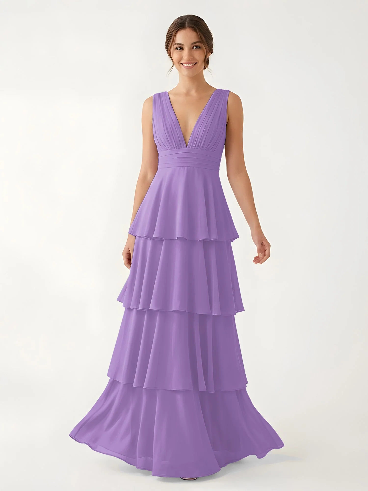 Gestuftes Chiffon Maxikleid mit Tiefem V-Ausschnitt Tahiti