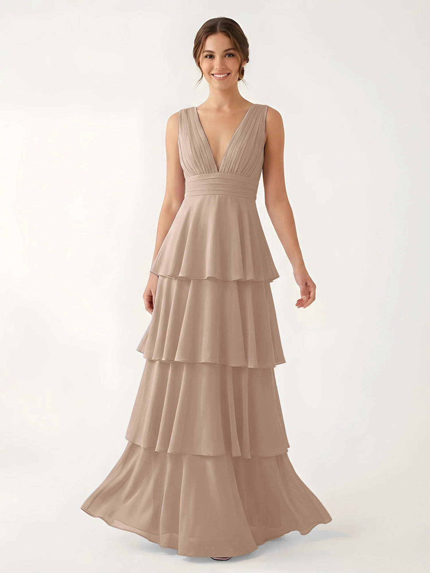 Gestuftes Chiffon Maxikleid mit Tiefem V-Ausschnitt Taupe