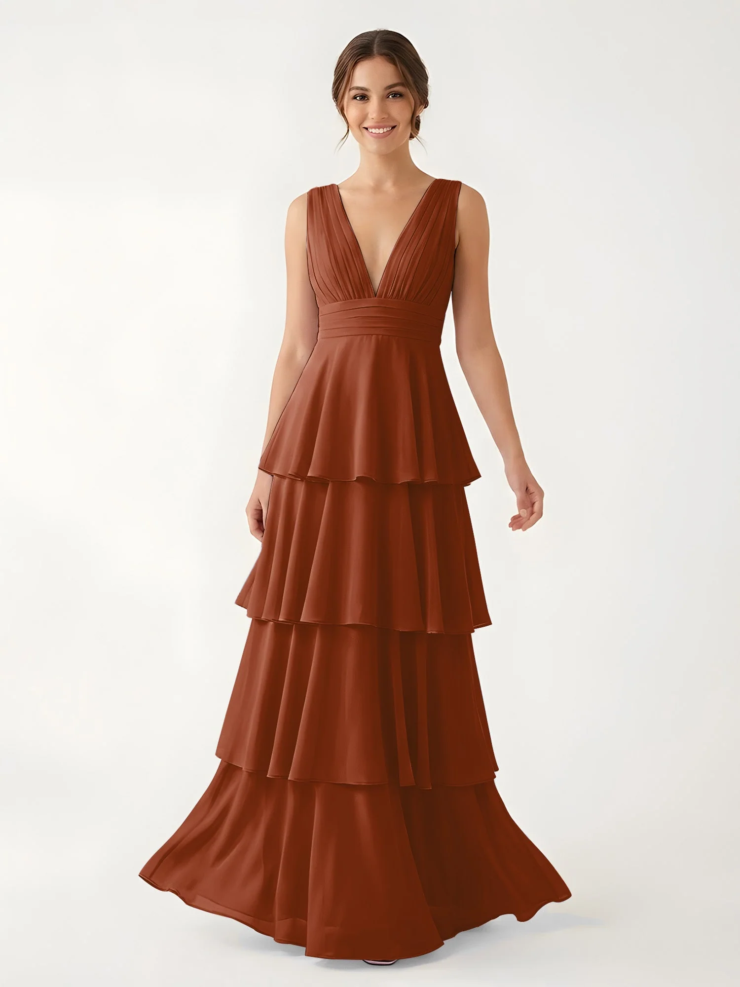 Gestuftes Chiffon Maxikleid mit Tiefem V-Ausschnitt Terrakotta