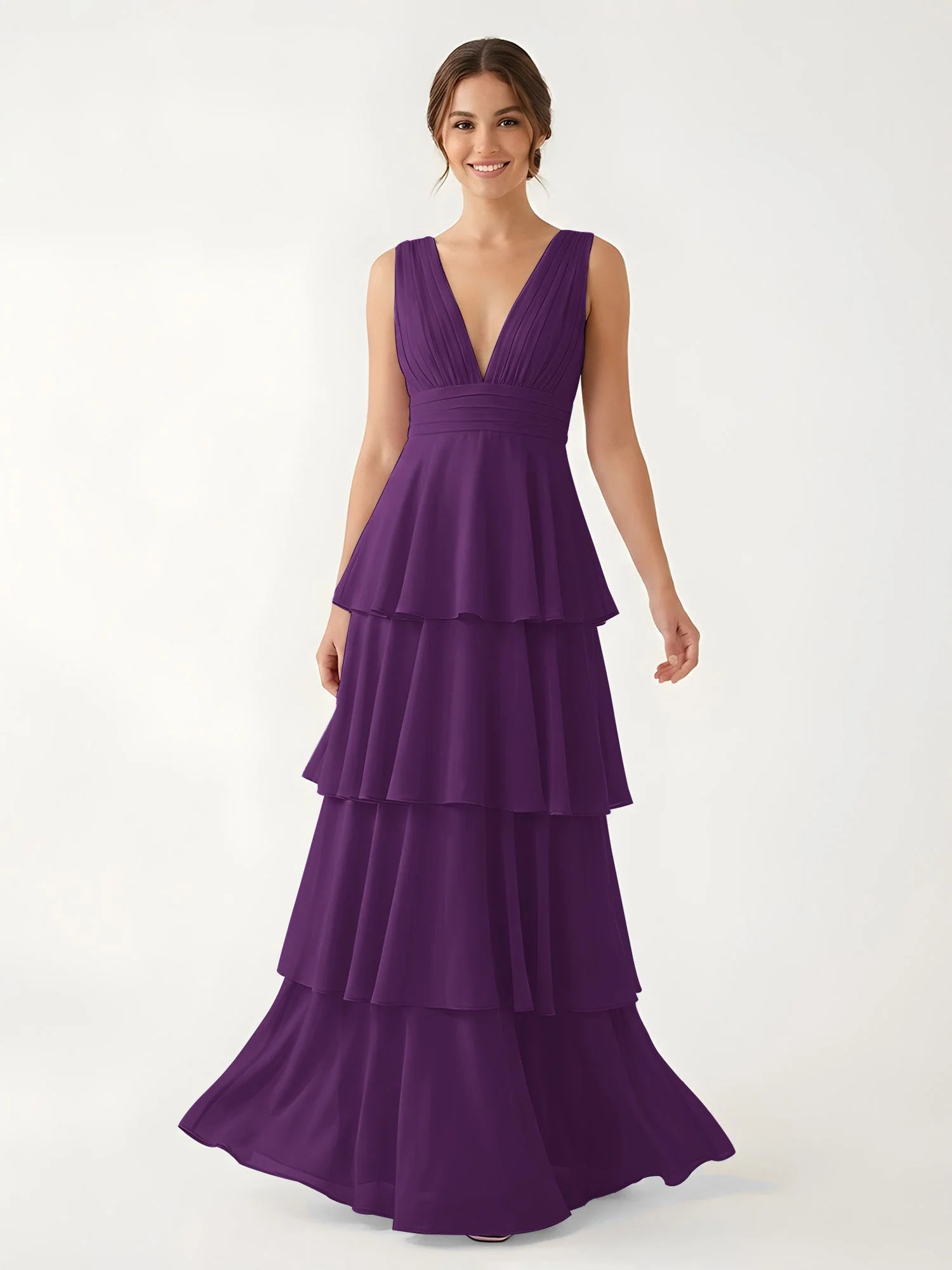 Gestuftes Chiffon Maxikleid mit Tiefem V-Ausschnitt Traube