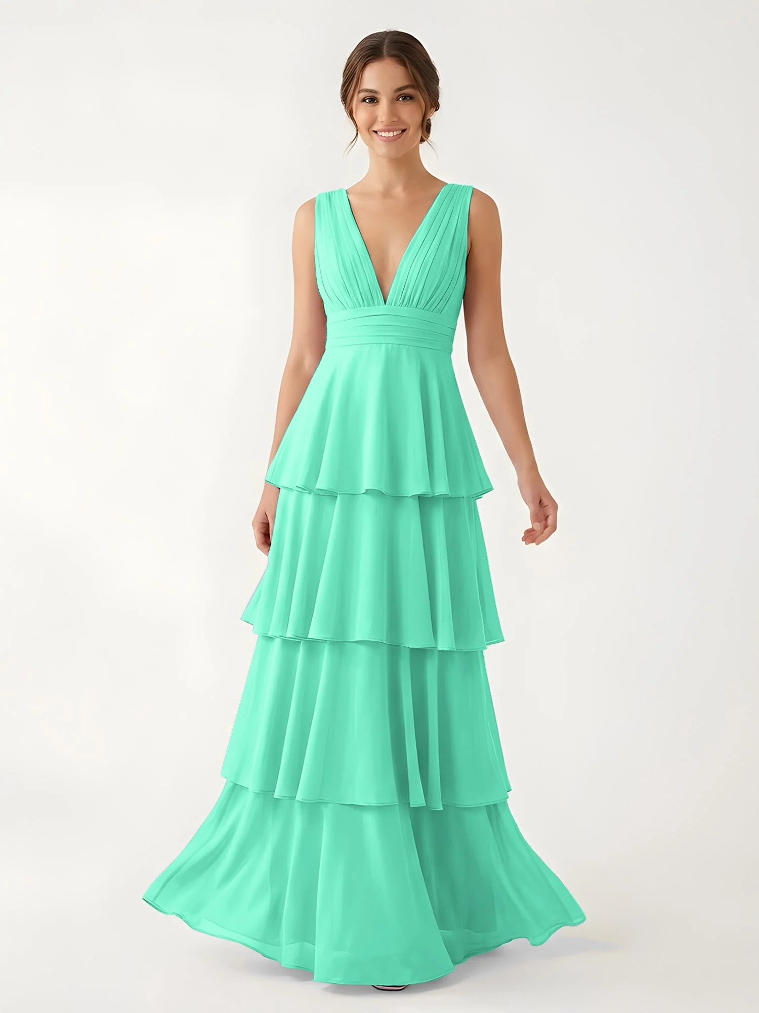 Gestuftes Chiffon Maxikleid mit Tiefem V-Ausschnitt Türkis