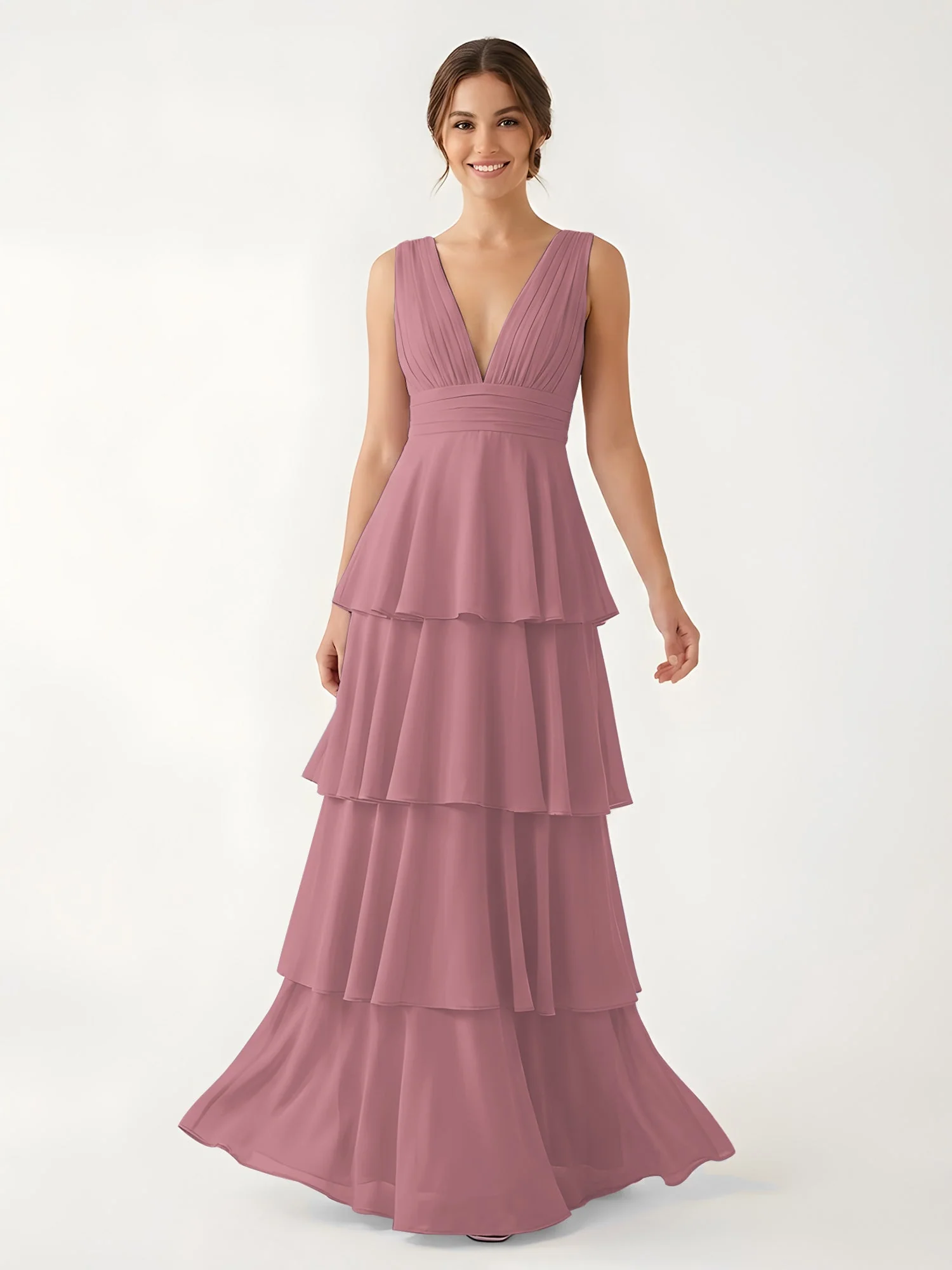 Gestuftes Chiffon Maxikleid mit Tiefem V-Ausschnitt Vintage Mauve
