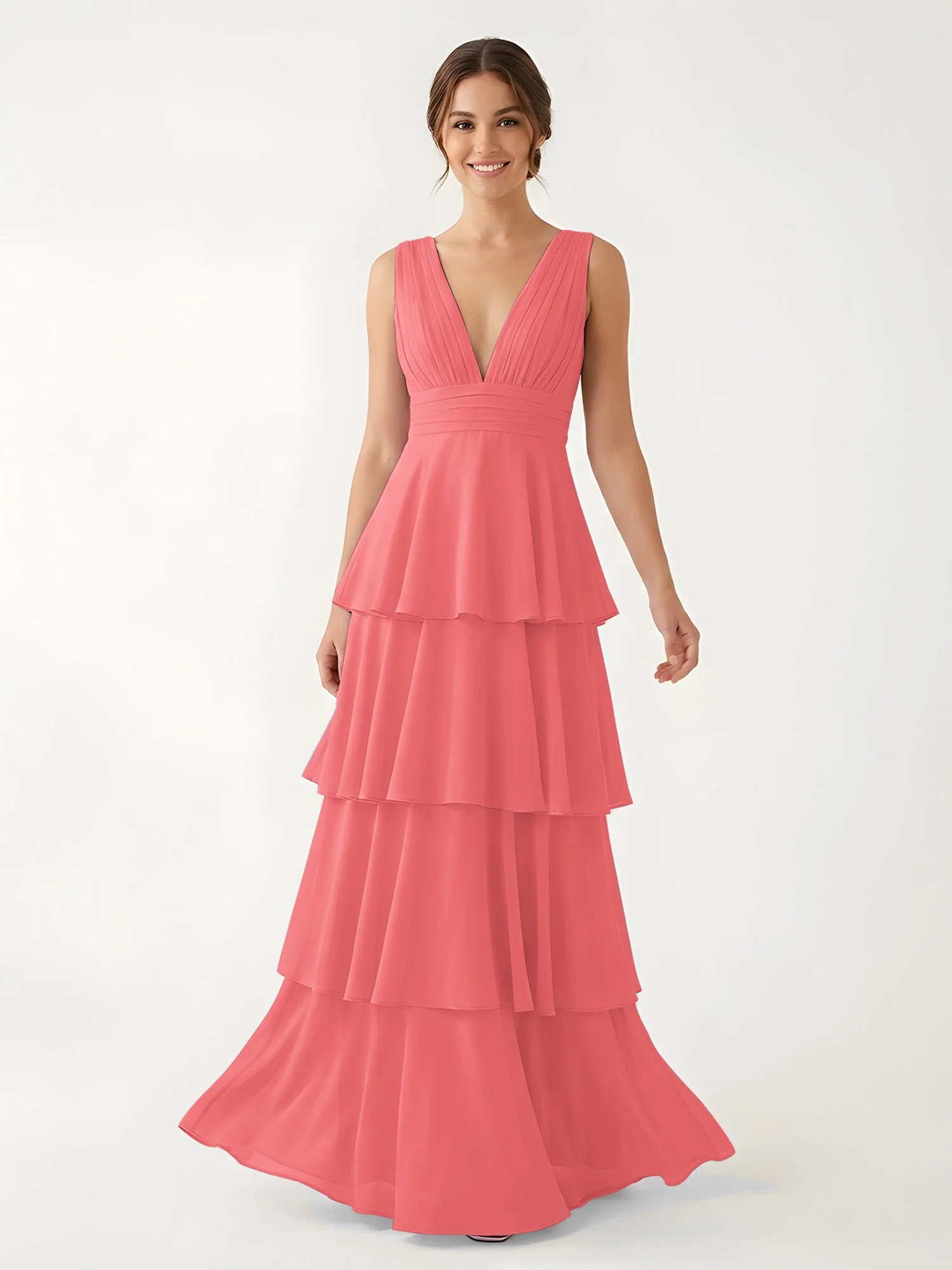 Gestuftes Chiffon Maxikleid mit Tiefem V-Ausschnitt Wassermelone