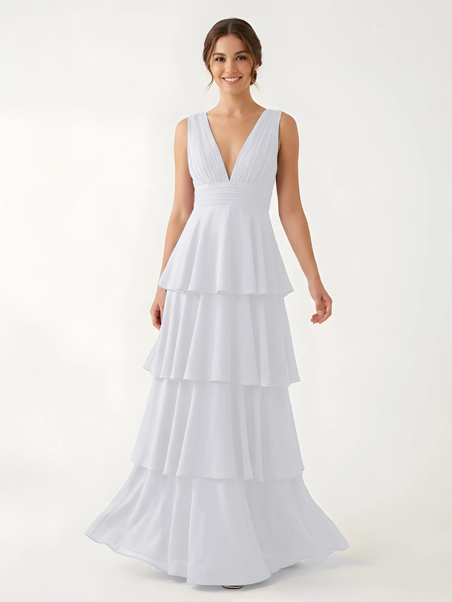 Gestuftes Chiffon Maxikleid mit Tiefem V-Ausschnitt Weiß