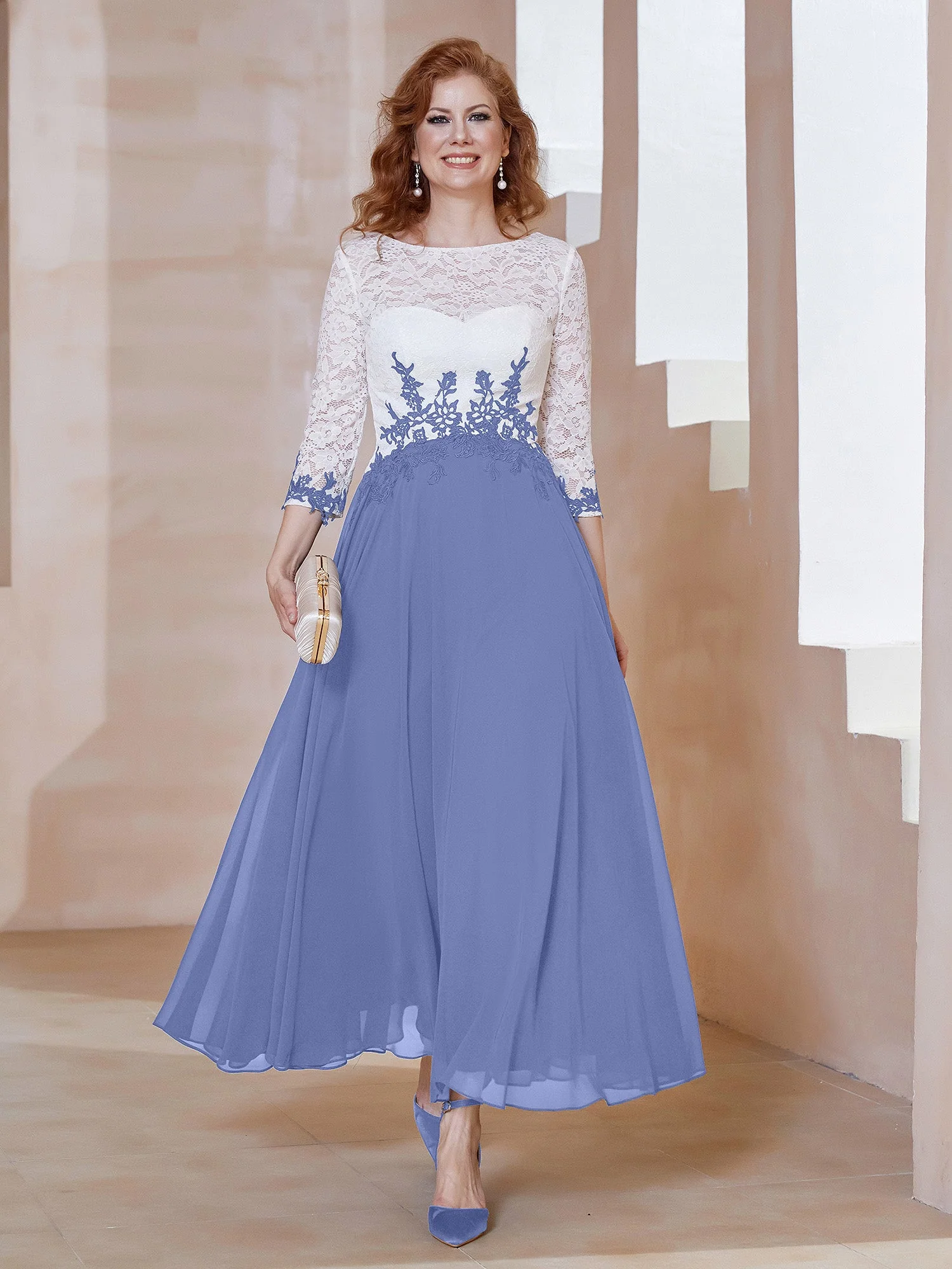 Illusion Ausschnitt Applique Kleid mit Langarm Periwinkleblau