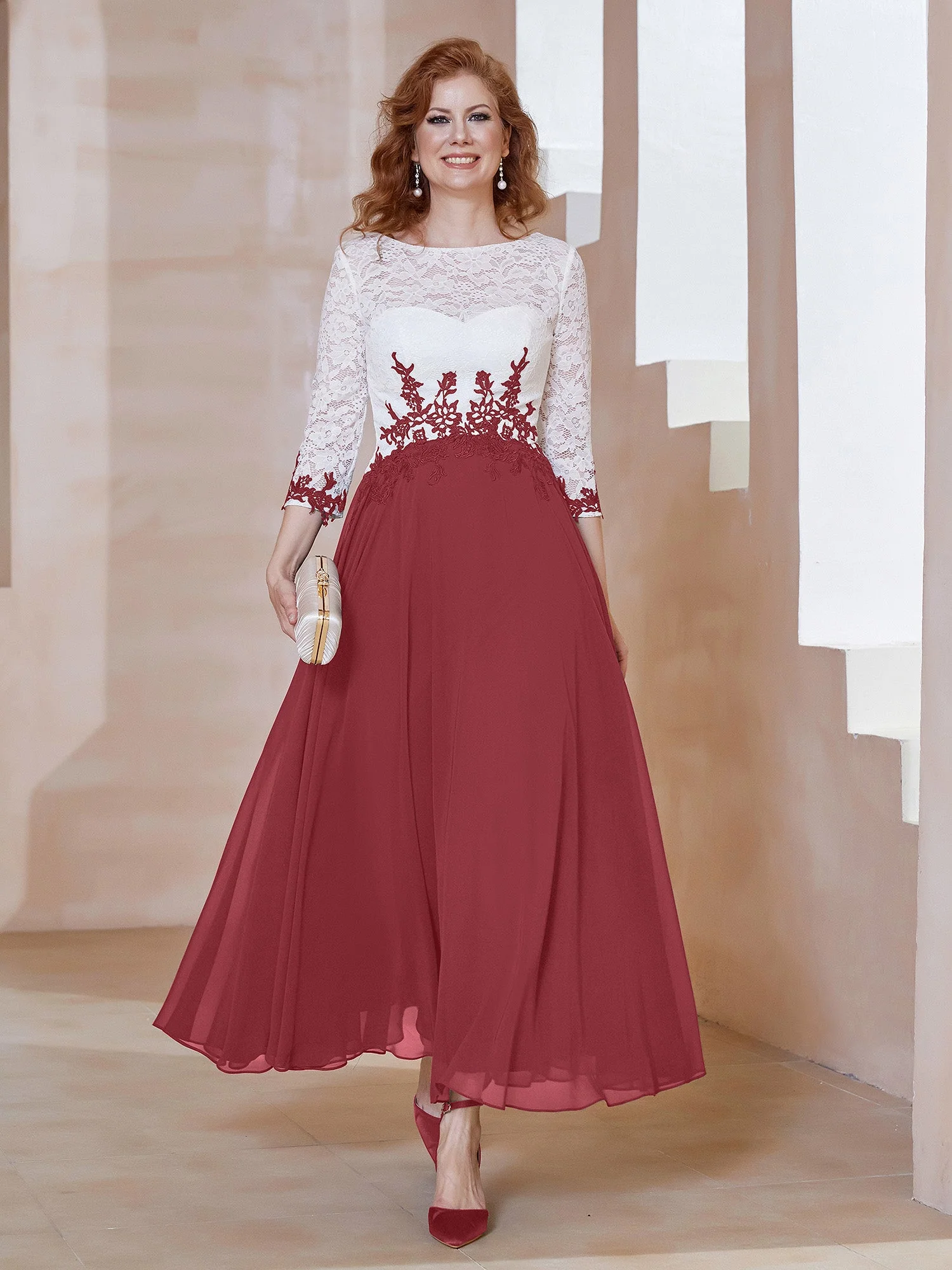 Illusion Ausschnitt Applique Kleid mit Langarm Zimtrose Übergröße