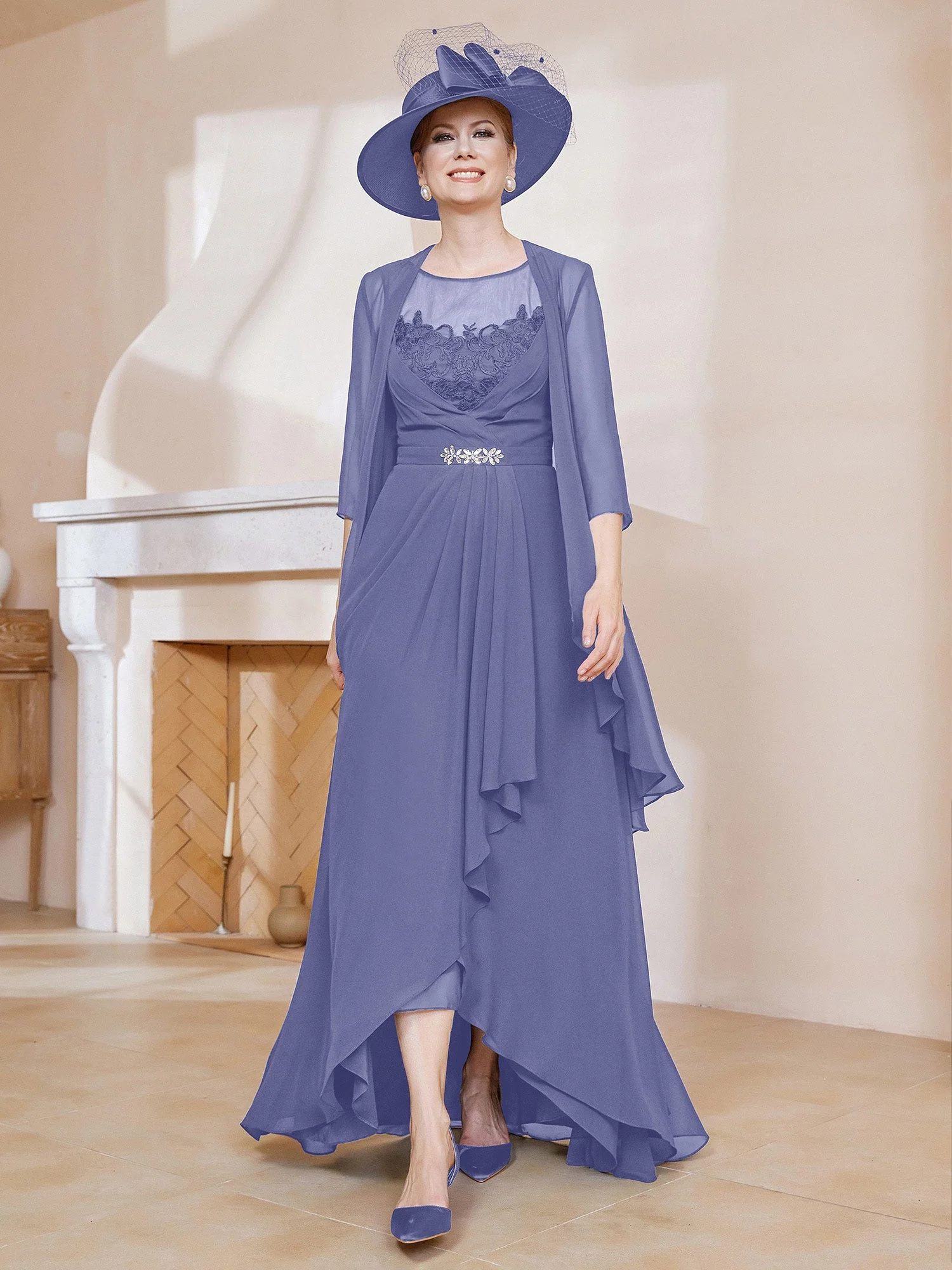 Illusion Ausschnitt Kaskaden Kleid mit Jacke Periwinkleblau