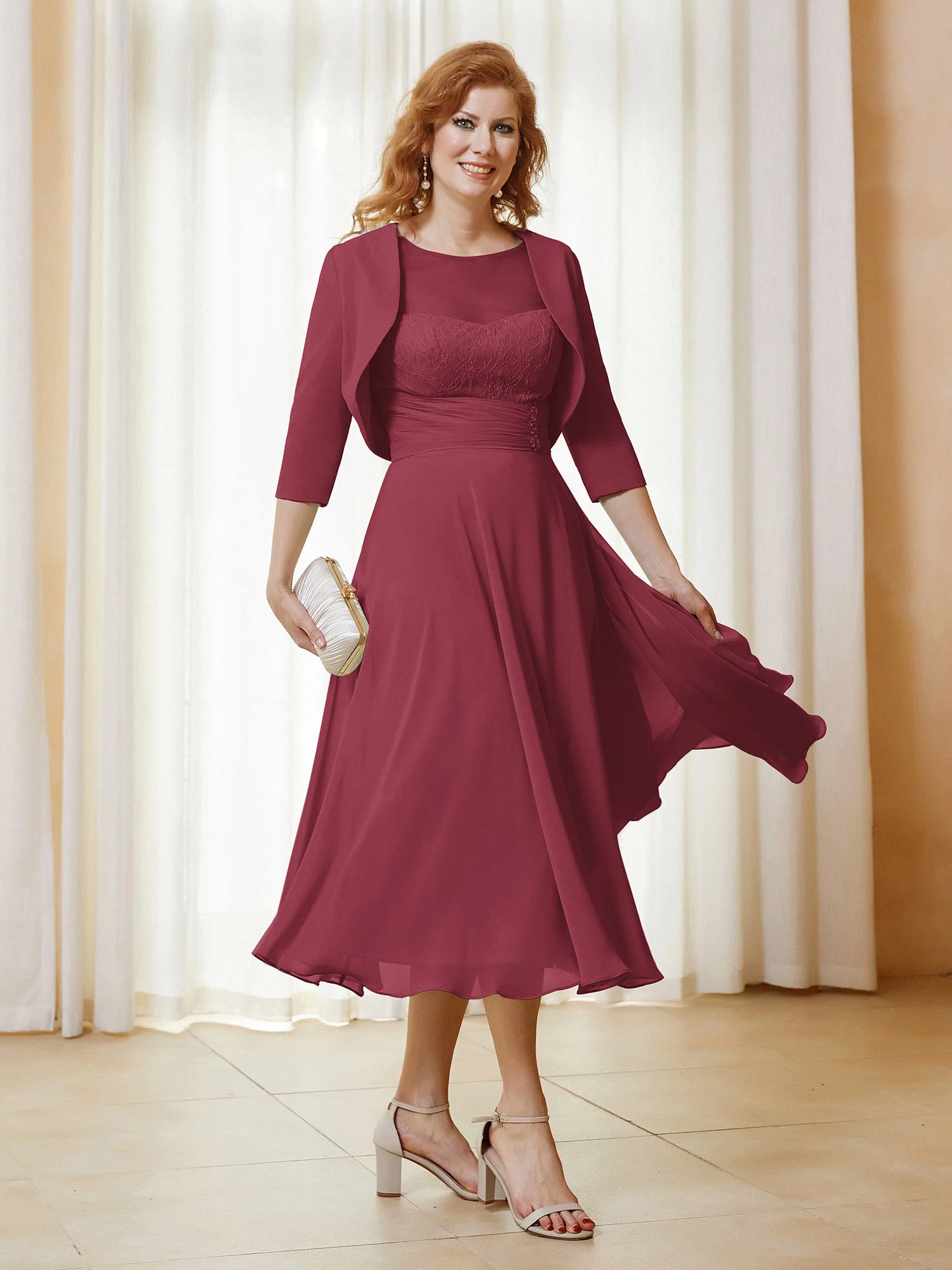 Illusion Ausschnitt Kurze Ärmel Kleid mit Jacke Zimtrose Übergröße