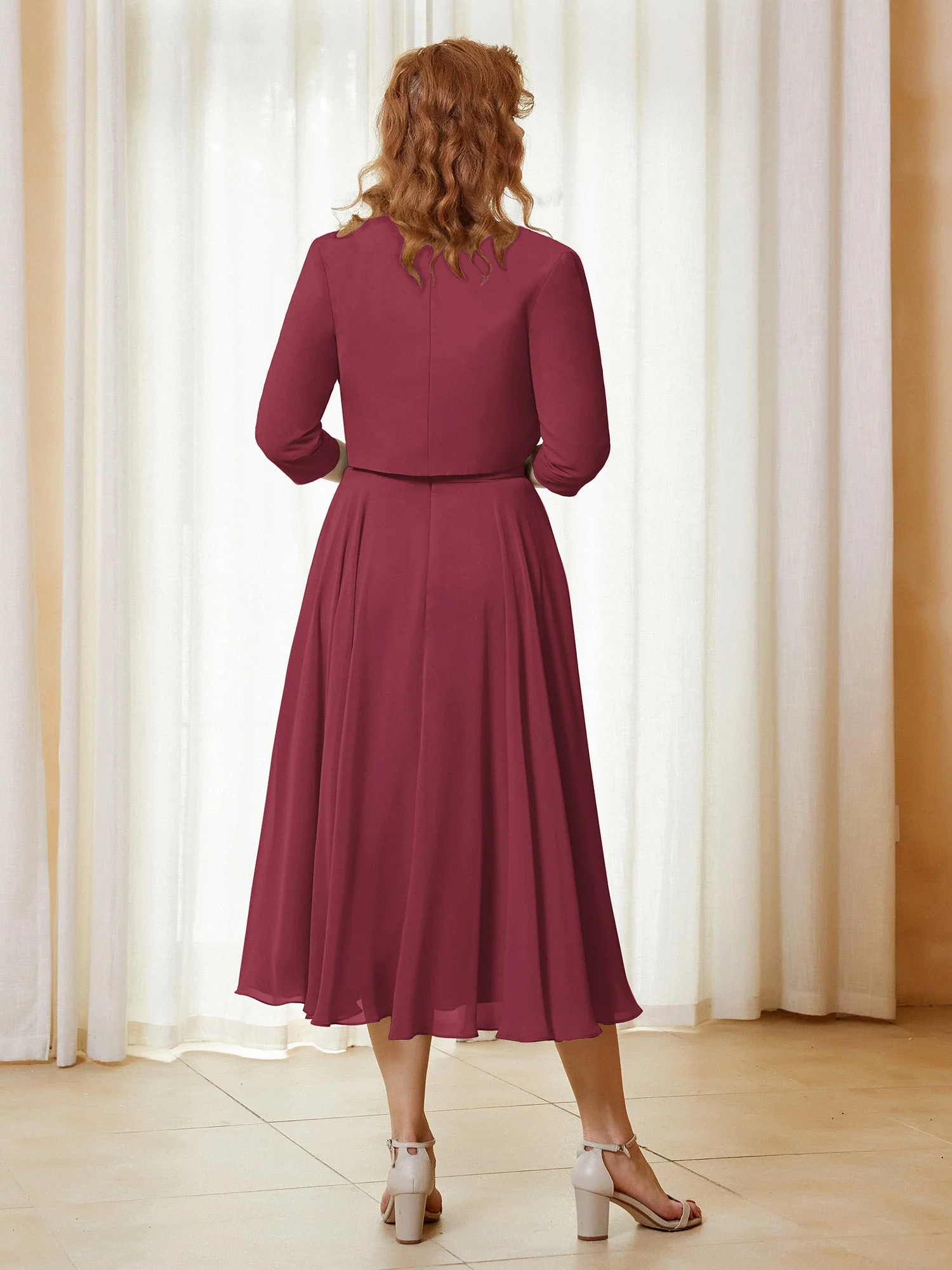 Illusion Ausschnitt Kurze Ärmel Kleid mit Jacke Zimtrose Übergröße - Image 2